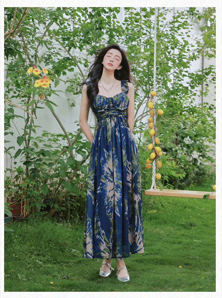 Boho-Chic-Blue-Oil-Painting-Print-Ruffle-Straps-Slip-Dress-with-Cardigan-Set16