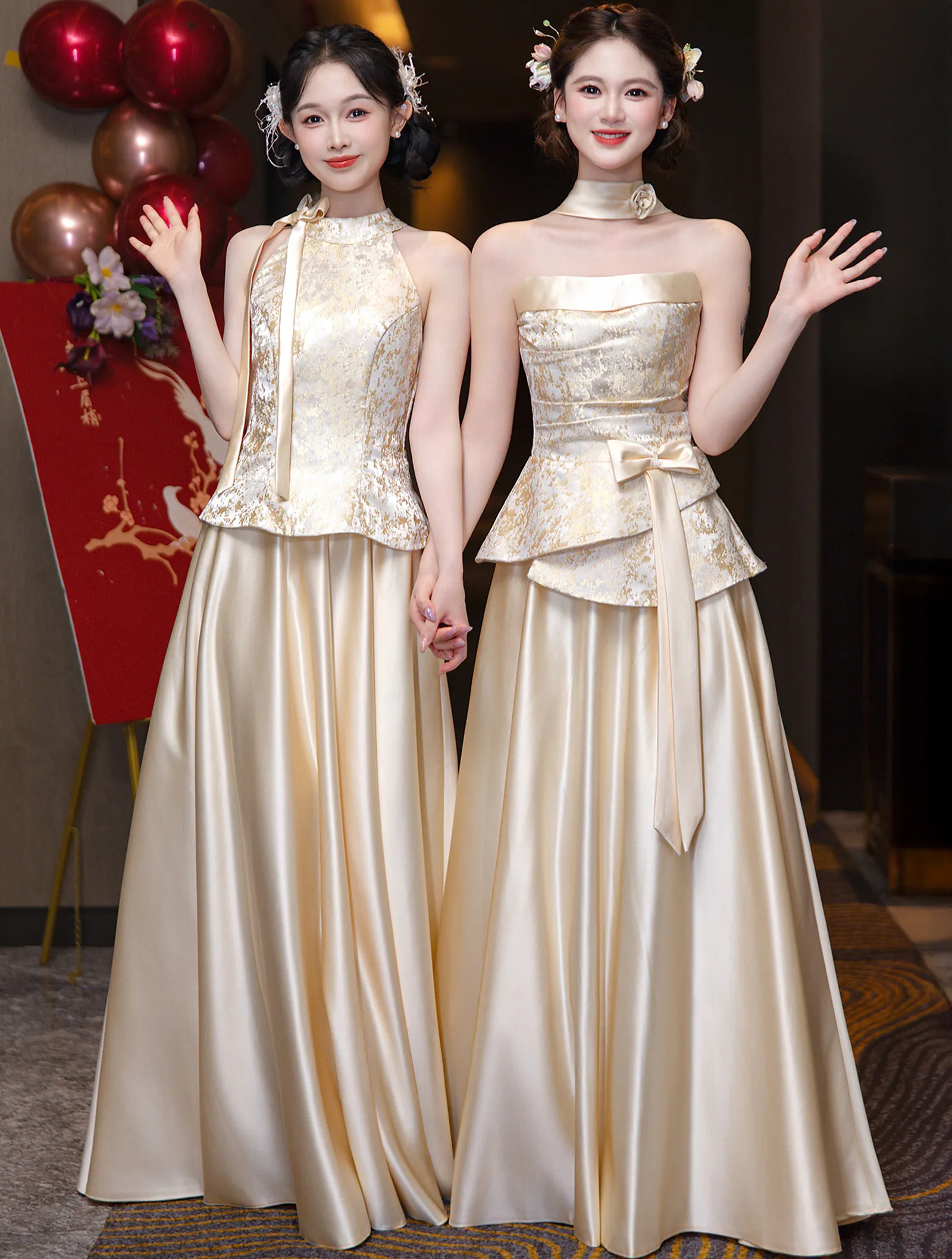 Chic Mismatched Champagne Jacquard Bridesmaid Formal Dress with 4 Styles01