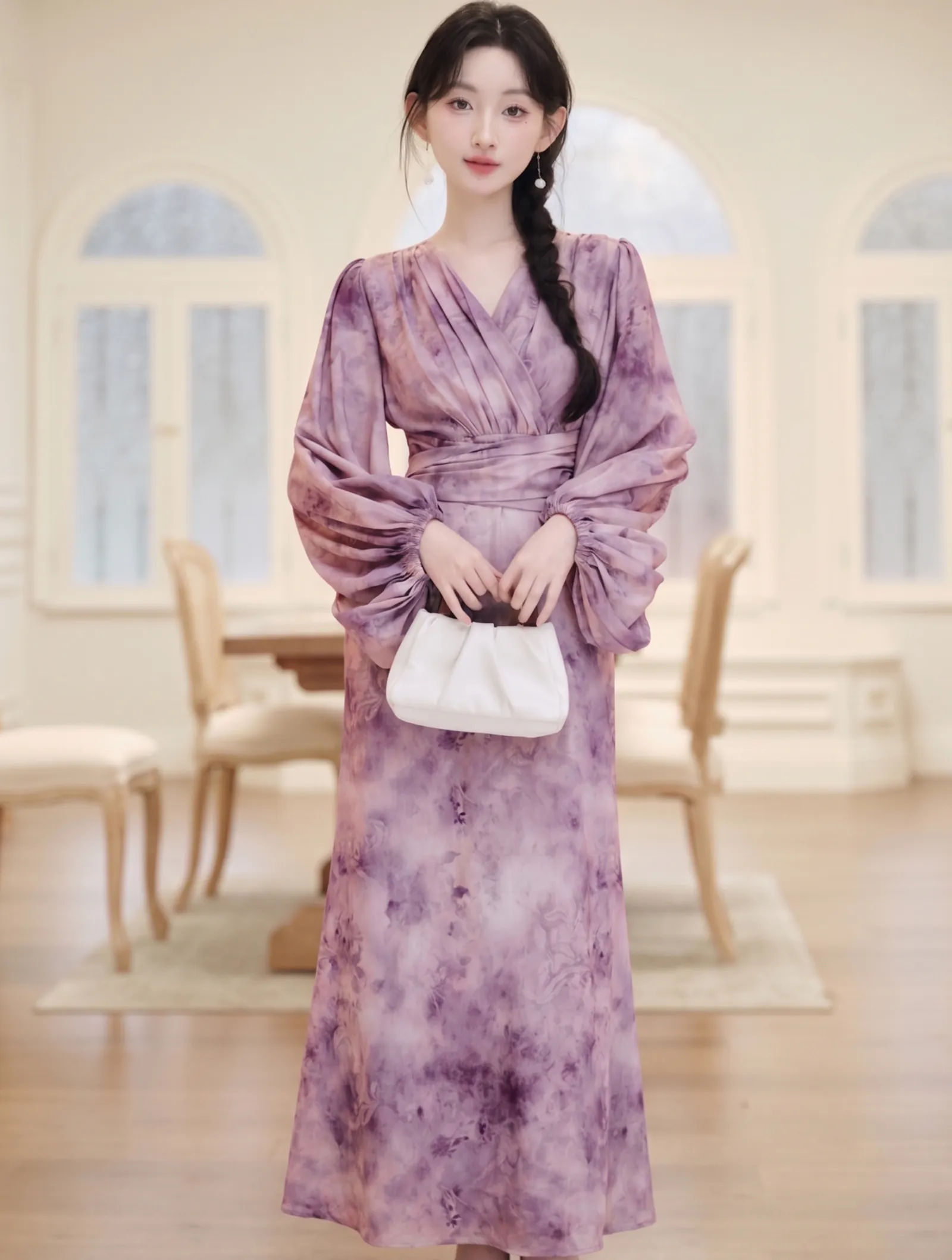 Chic Purple Tie Dye Cross V Neck Flowy Summer Dress with Lantern Sleeves01
