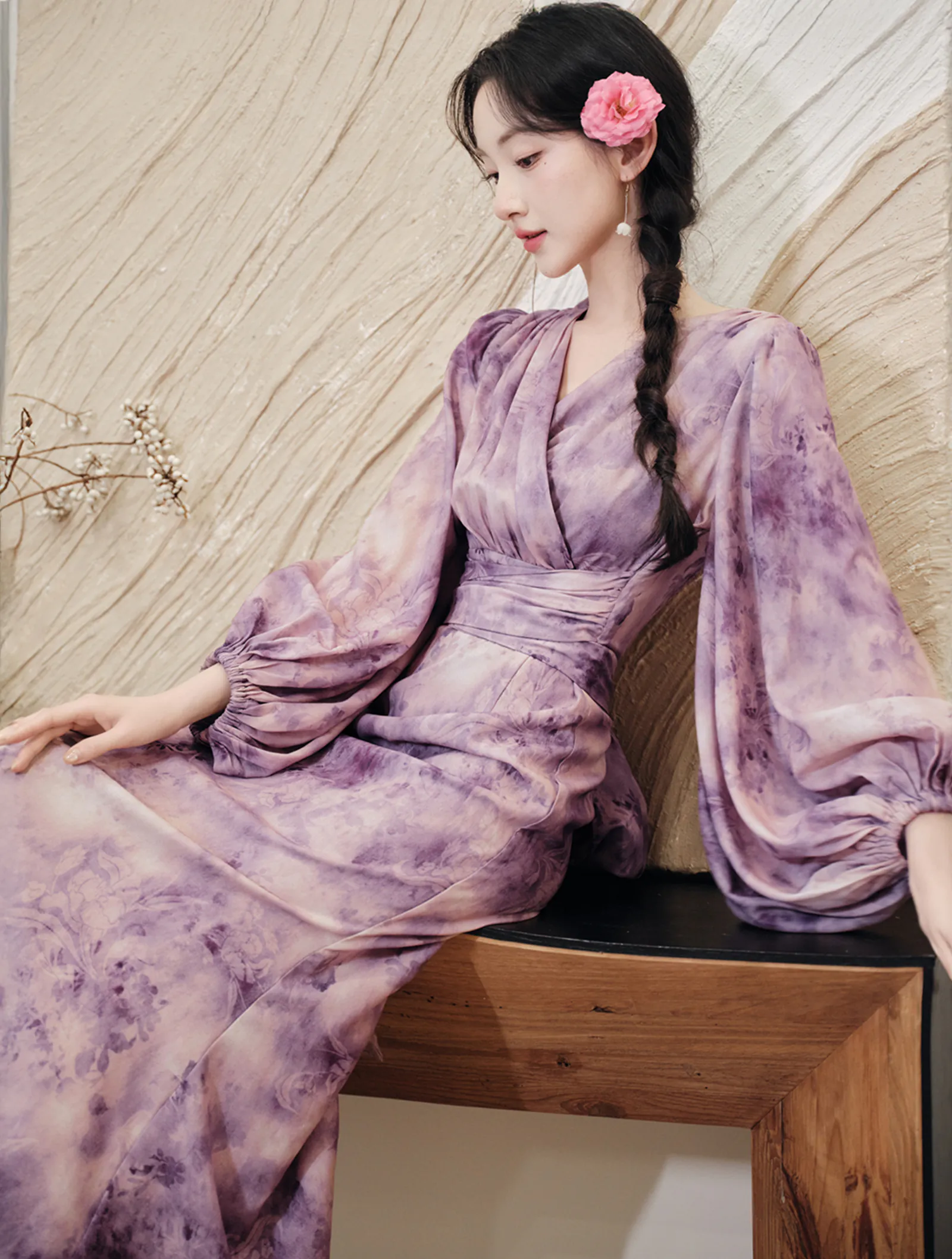 Chic Purple Tie Dye Cross V Neck Flowy Summer Dress with Lantern Sleeves02