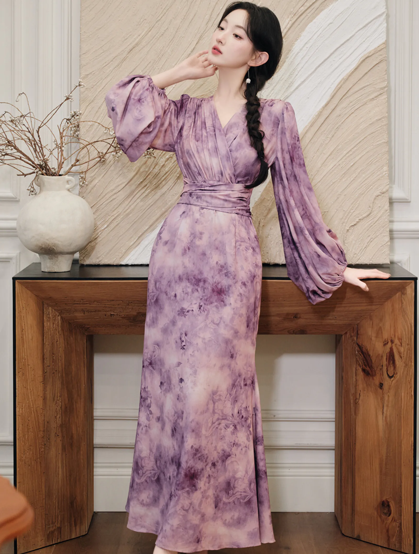 Chic Purple Tie-Dye Cross V-Neck Flowy Summer Dress with Lantern Sleeves03 Chic Purple Tie Dye Cross V Neck Flowy Summer Dress with Lantern Sleeves03