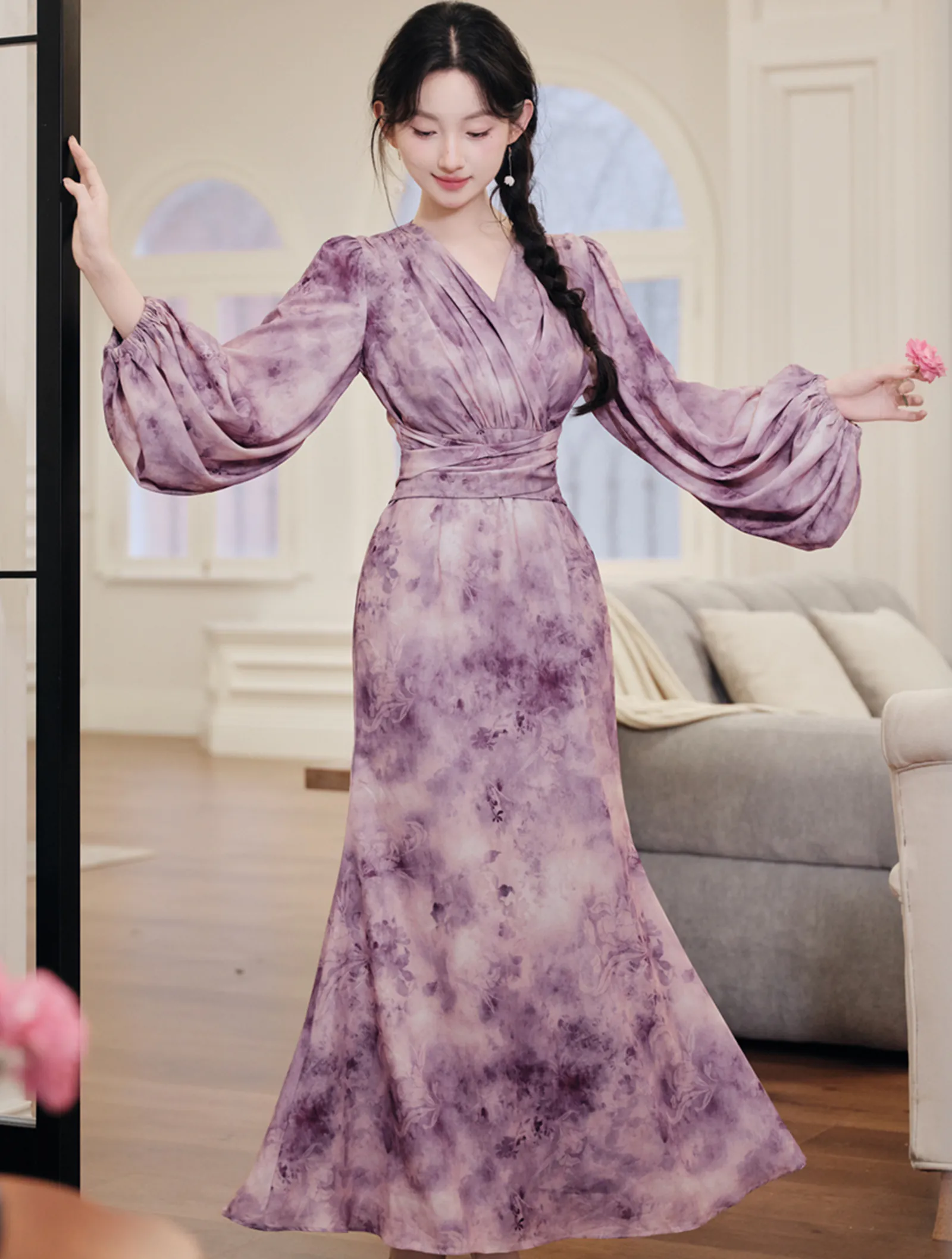Chic Purple Tie-Dye Cross V-Neck Flowy Summer Dress with Lantern Sleeves04 Chic Purple Tie Dye Cross V Neck Flowy Summer Dress with Lantern Sleeves04