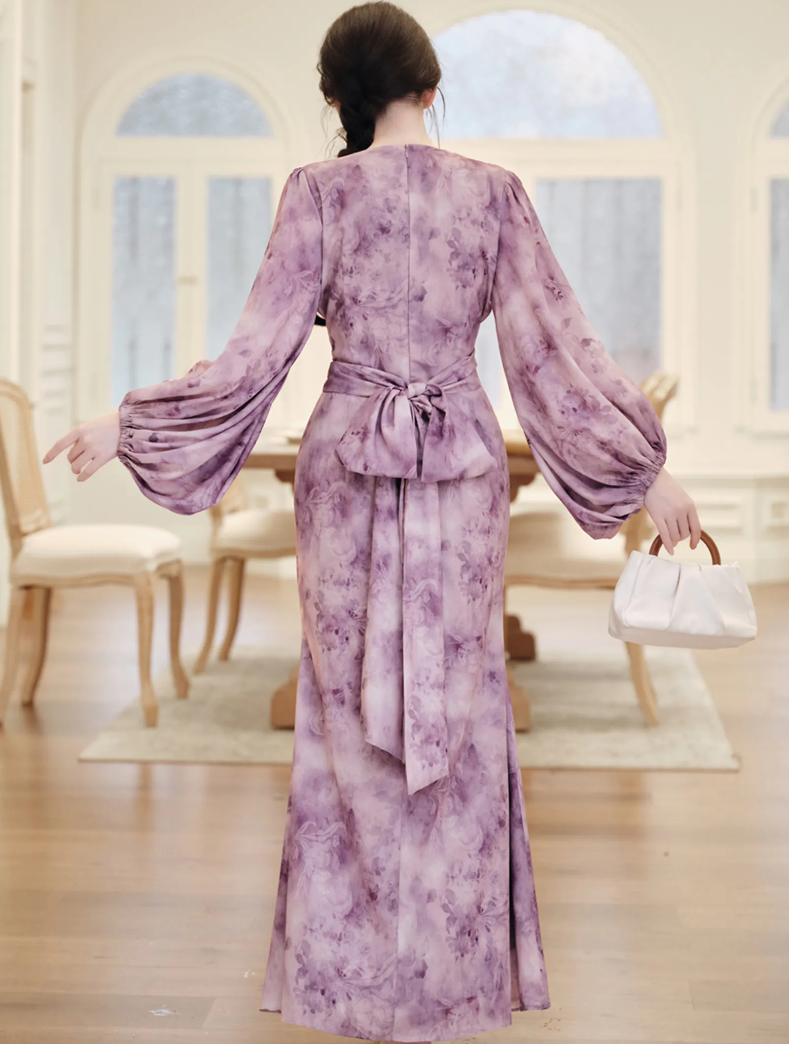 Chic Purple Tie-Dye Cross V-Neck Flowy Summer Dress with Lantern Sleeves06 Chic Purple Tie Dye Cross V Neck Flowy Summer Dress with Lantern Sleeves06