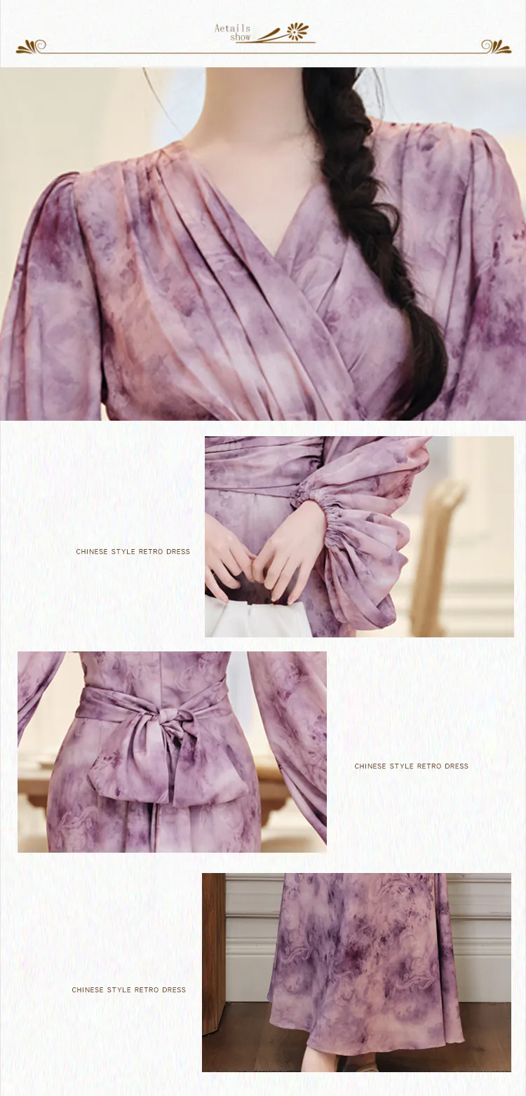 Chic-Purple-Tie-Dye-Cross-V-Neck-Flowy-Summer-Dress-with-Lantern-Sleeves08