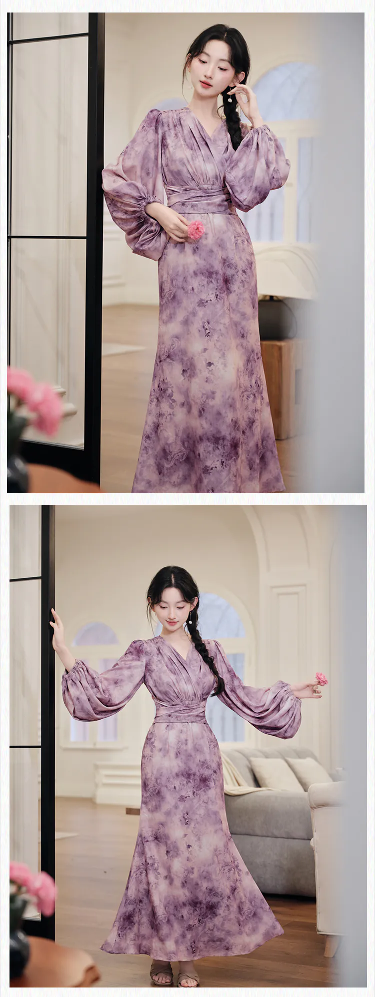 Chic-Purple-Tie-Dye-Cross-V-Neck-Flowy-Summer-Dress-with-Lantern-Sleeves14