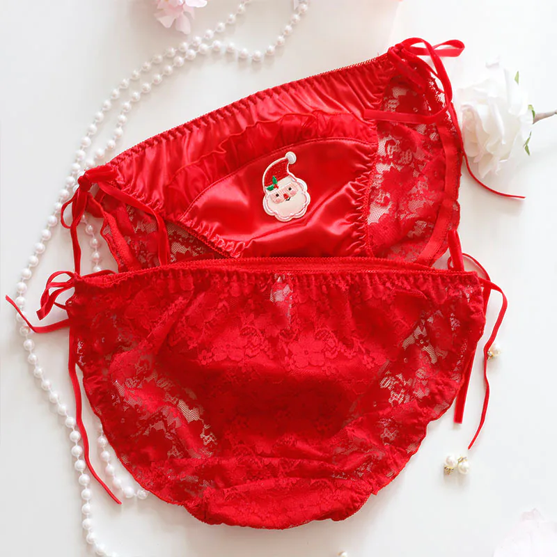 Christmas Red Satin Santa Claus Embroidery Side Tie Lace Pantie Briefs05 Christmas Red Satin Santa Claus Embroidery Side Tie Lace Pantie Briefs05