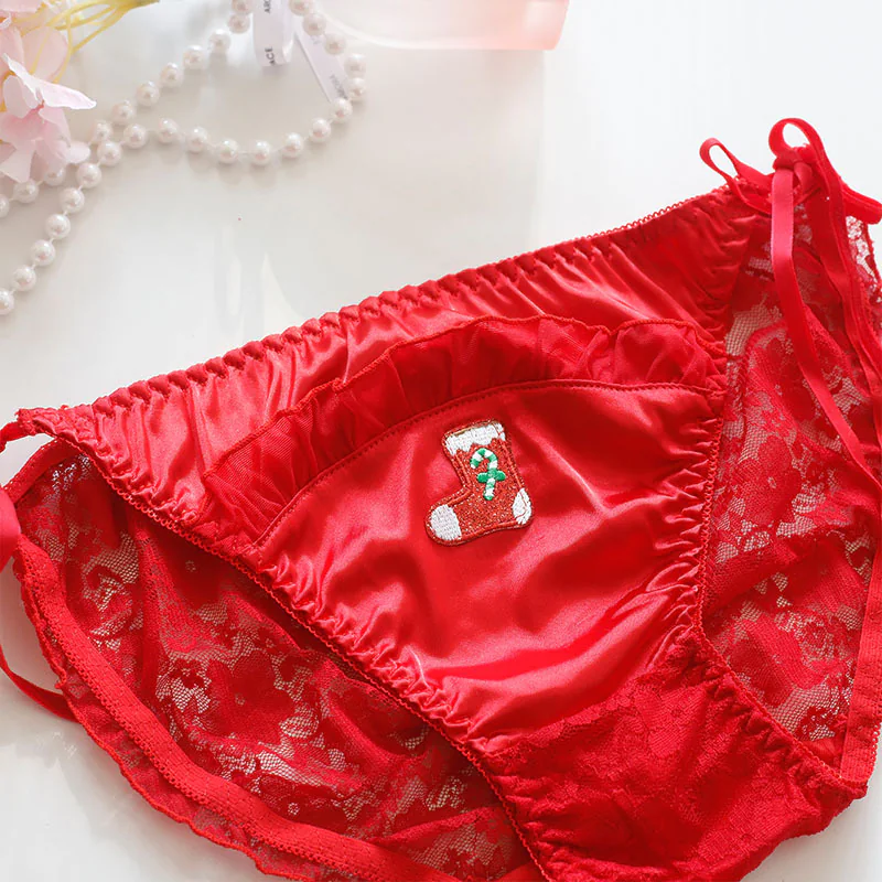 Christmas Red Satin Santa Claus Embroidery Side Tie Lace Pantie Briefs06 Christmas Red Satin Santa Claus Embroidery Side Tie Lace Pantie Briefs06