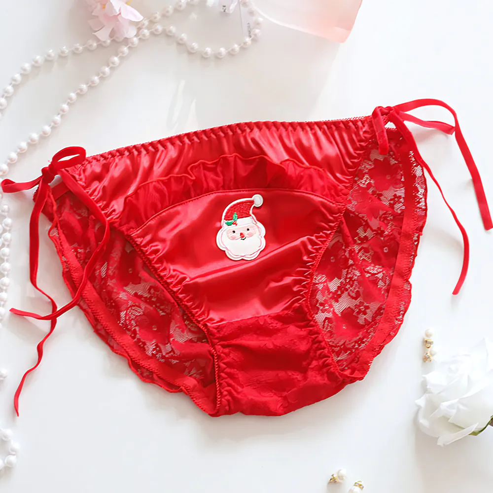 Christmas Red Satin Santa Claus Embroidery Side Tie Lace Pantie Briefs07 Christmas Red Satin Santa Claus Embroidery Side Tie Lace Pantie Briefs07