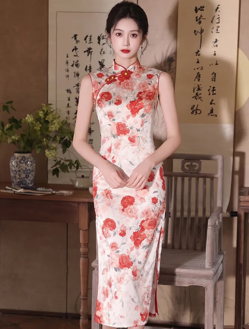 Classic Pankou Button Sleeveless Floral Blossom Print Side Slits Qipao Dress01