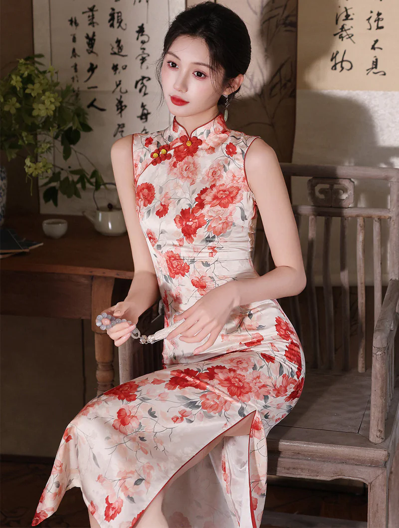 Classic Pankou Button Sleeveless Floral Blossom Print Side Slits Qipao Dress02