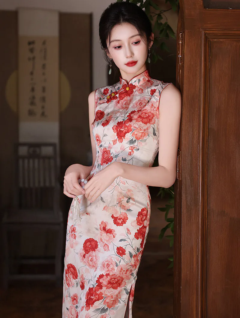 Classic Pankou Button Sleeveless Floral Blossom Print Side Slits Qipao Dress04 Classic Pankou Button Sleeveless Floral Blossom Print Side Slits Qipao Dress04