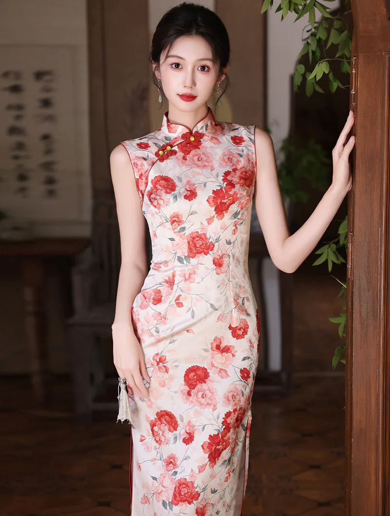 Classic Pankou Button Sleeveless Floral Blossom Print Side Slits Qipao Dress05 Classic Pankou Button Sleeveless Floral Blossom Print Side Slits Qipao Dress05