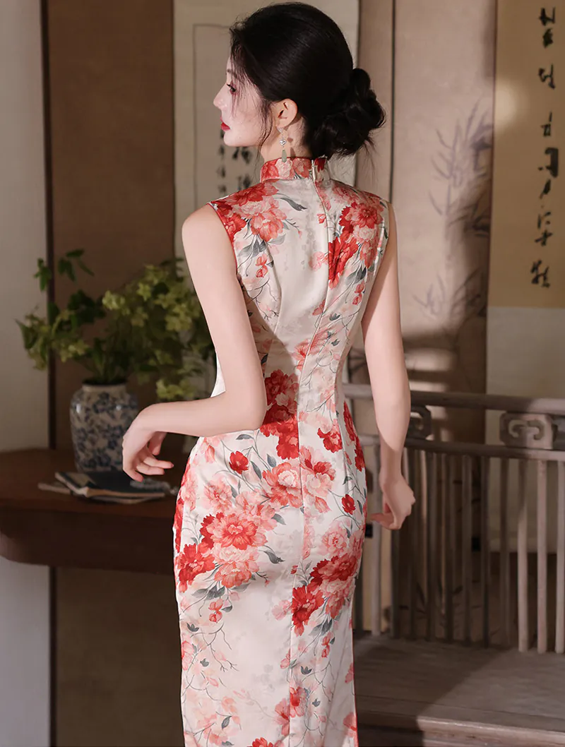 Classic Pankou Button Sleeveless Floral Blossom Print Side Slits Qipao Dress06 Classic Pankou Button Sleeveless Floral Blossom Print Side Slits Qipao Dress06