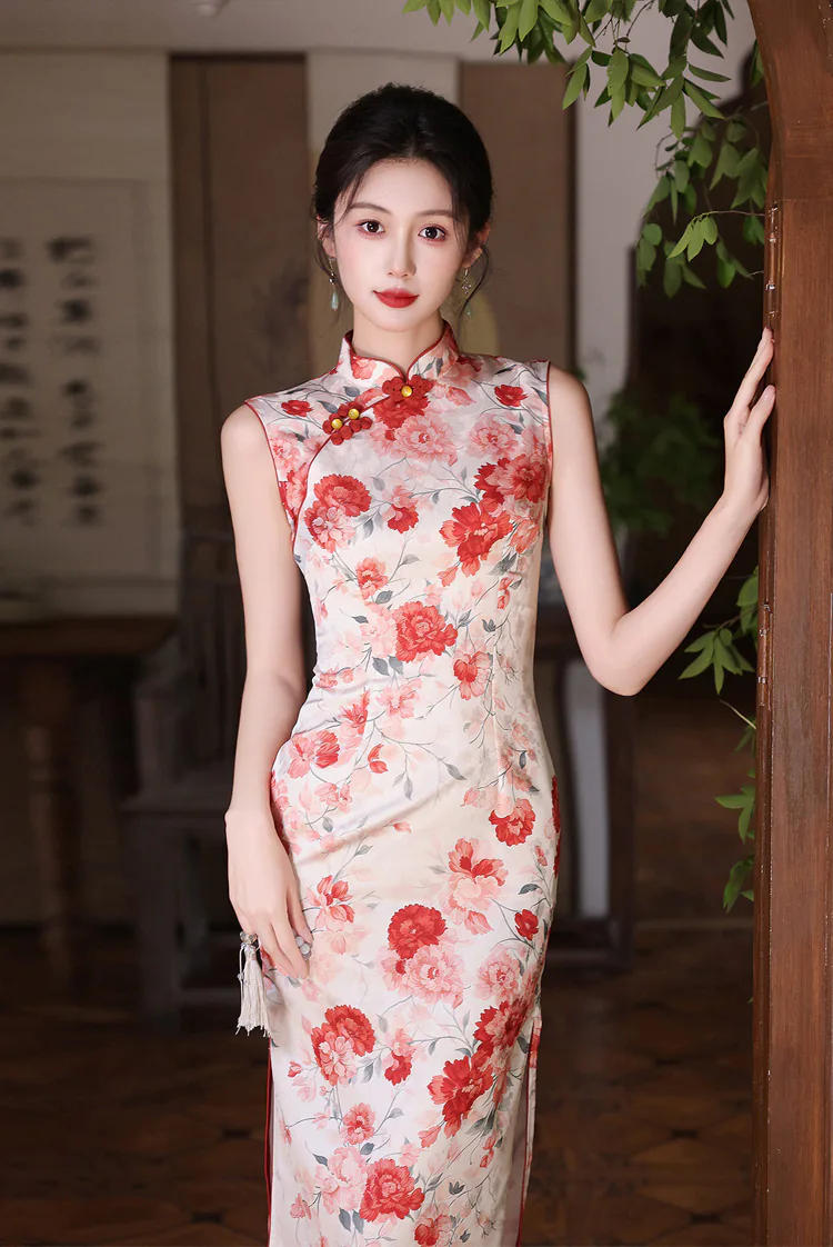 Classic-Pankou-Button-Sleeveless-Floral-Blossom-Print-Side-Slits-Qipao-Dress07