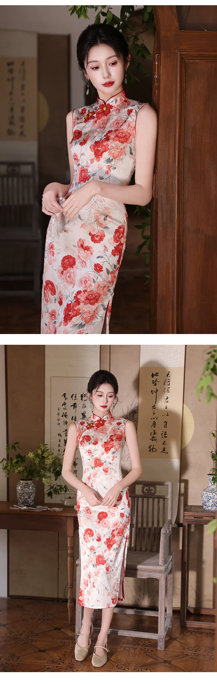 Classic-Pankou-Button-Sleeveless-Floral-Blossom-Print-Side-Slits-Qipao-Dress12