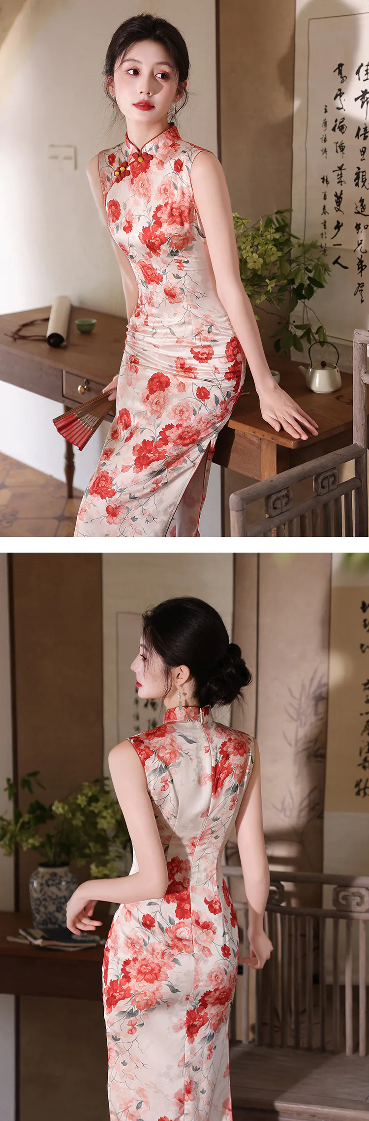 Classic-Pankou-Button-Sleeveless-Floral-Blossom-Print-Side-Slits-Qipao-Dress13
