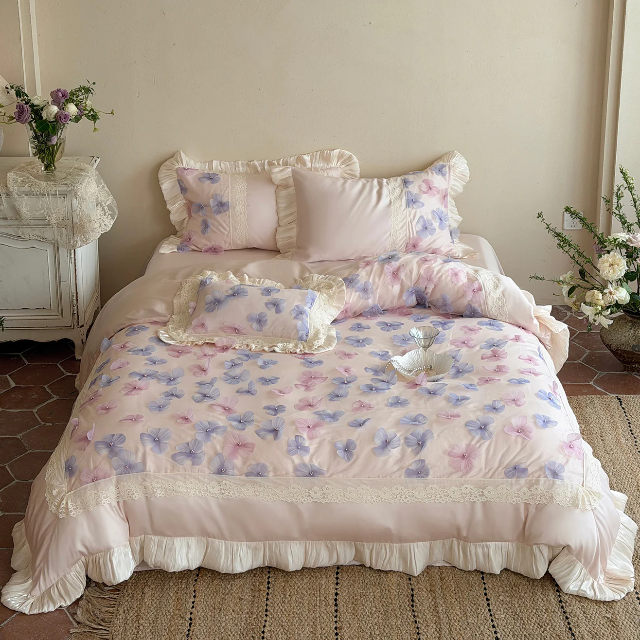Coquette Aesthetic 3D Applique Floral 100S Cotton Ruffle Duvet Cover Set01