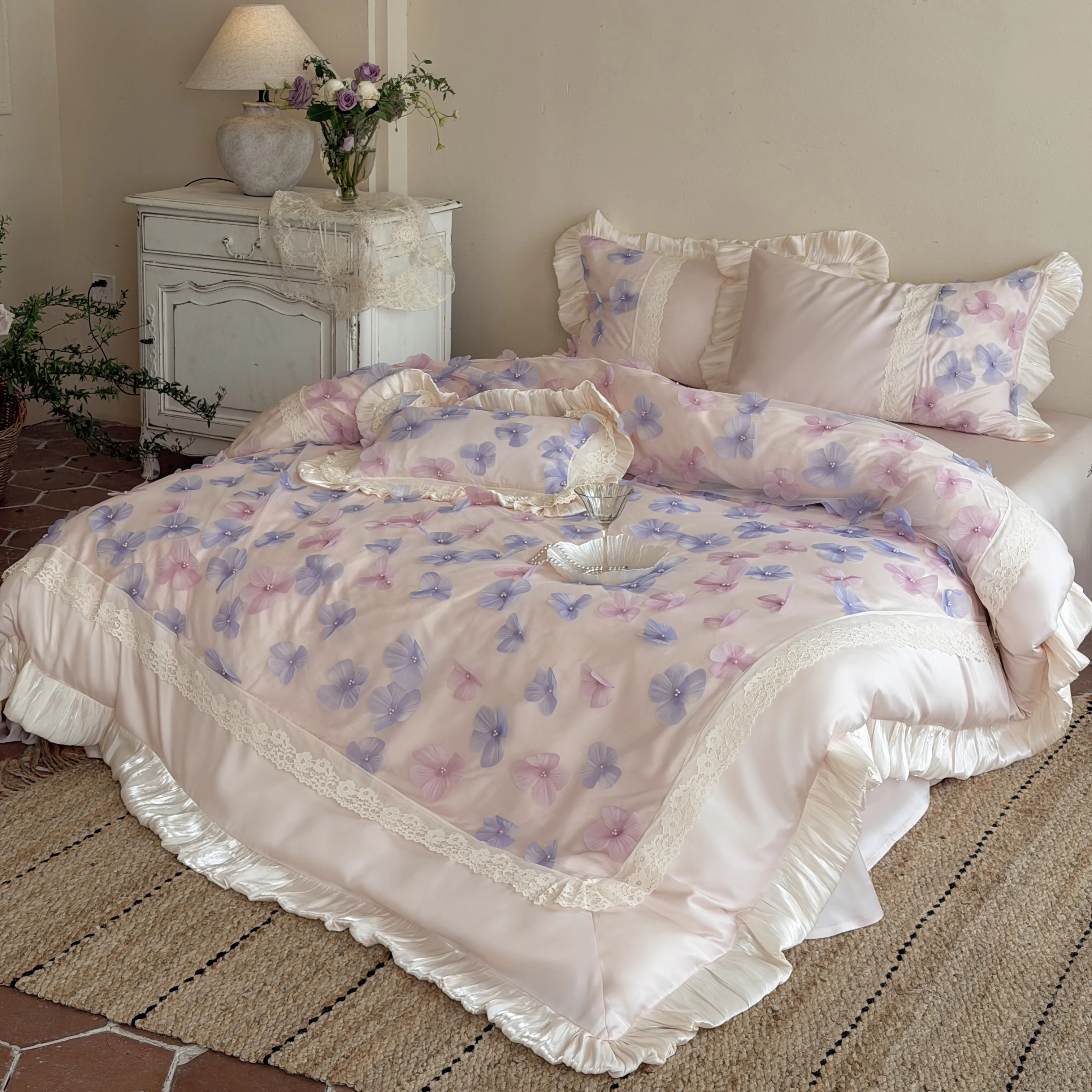 Coquette Aesthetic 3D Applique Floral 100S Cotton Ruffle Duvet Cover Set02