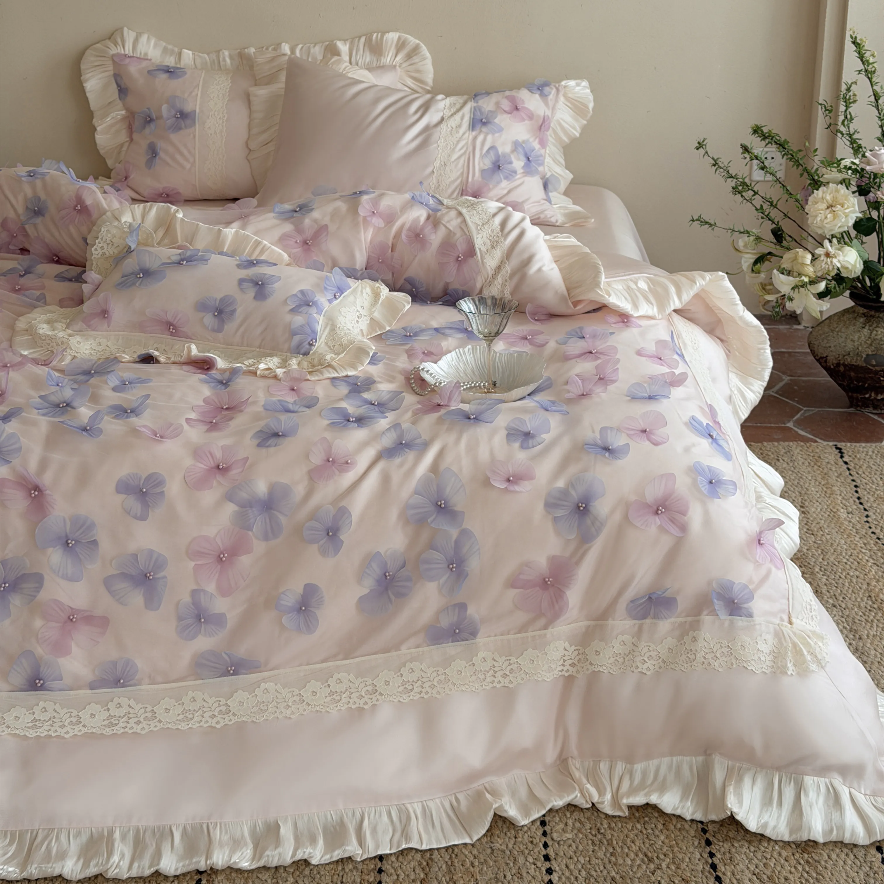 Coquette Aesthetic 3D Applique Floral 100S Cotton Ruffle Duvet Cover Set03 Coquette Aesthetic 3D Applique Floral 100S Cotton Ruffle Duvet Cover Set03