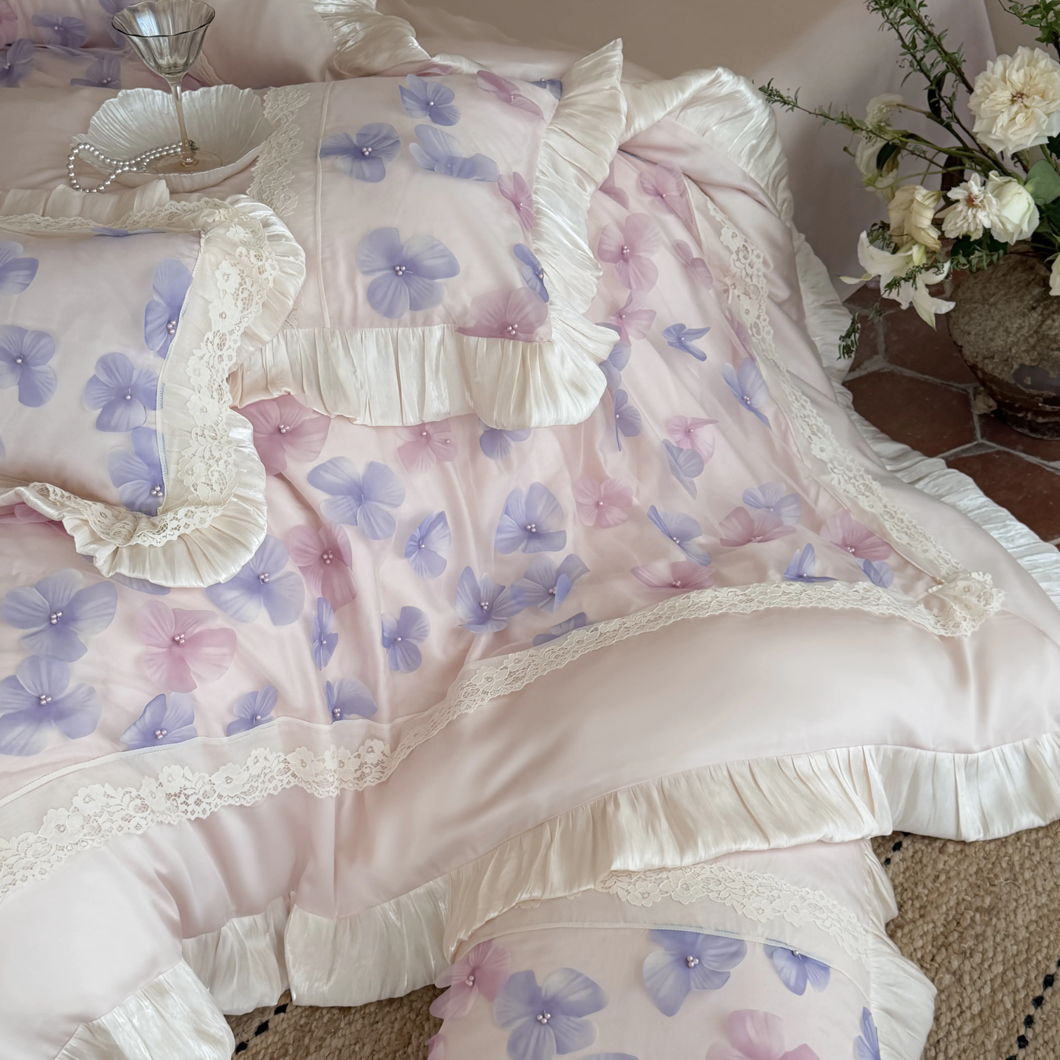 Coquette Aesthetic 3D Applique Floral 100S Cotton Ruffle Duvet Cover Set06 Coquette Aesthetic 3D Applique Floral 100S Cotton Ruffle Duvet Cover Set06