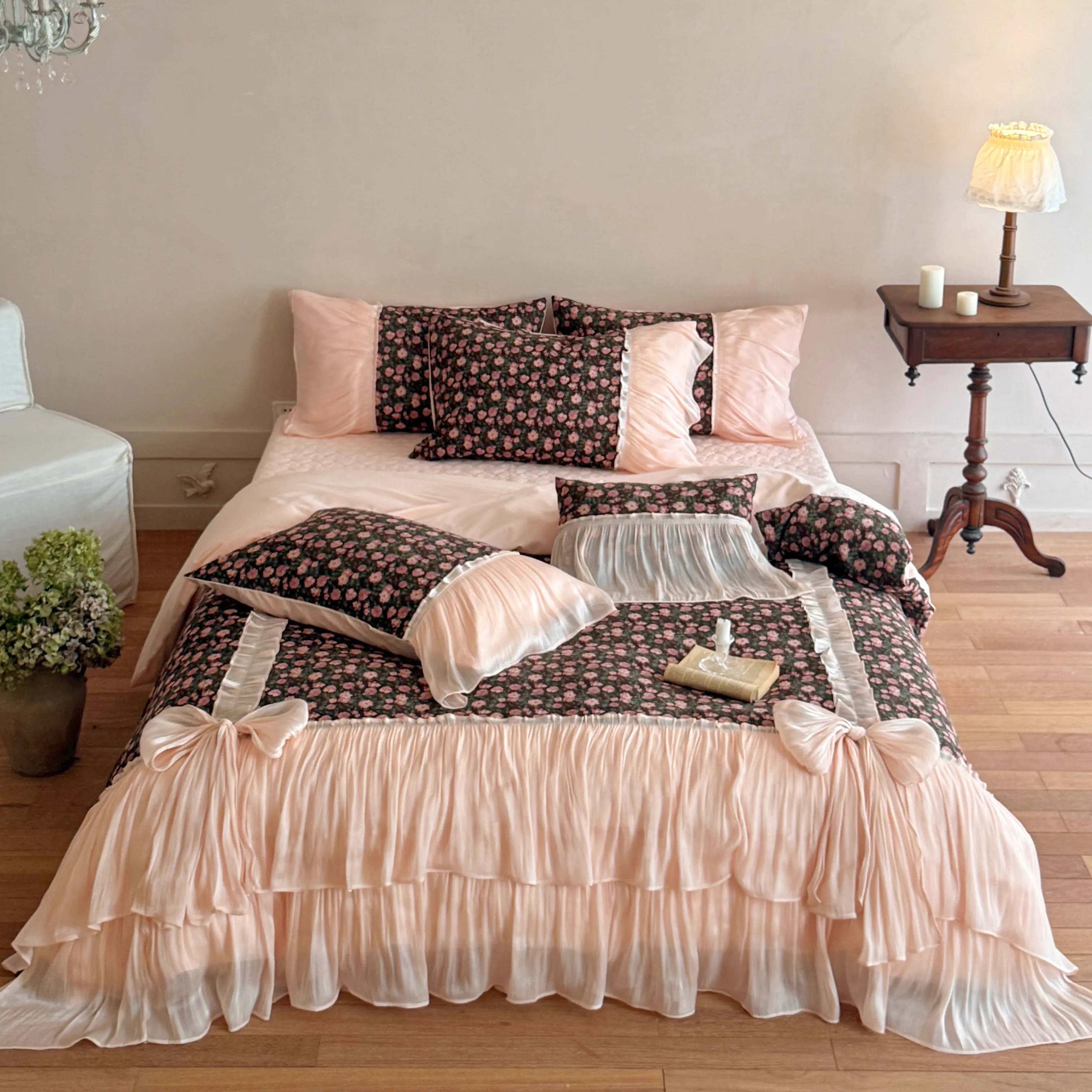 Coquette Country Floral Print Pleated Ruffle Brushed Cotton Duvet Cover Set01