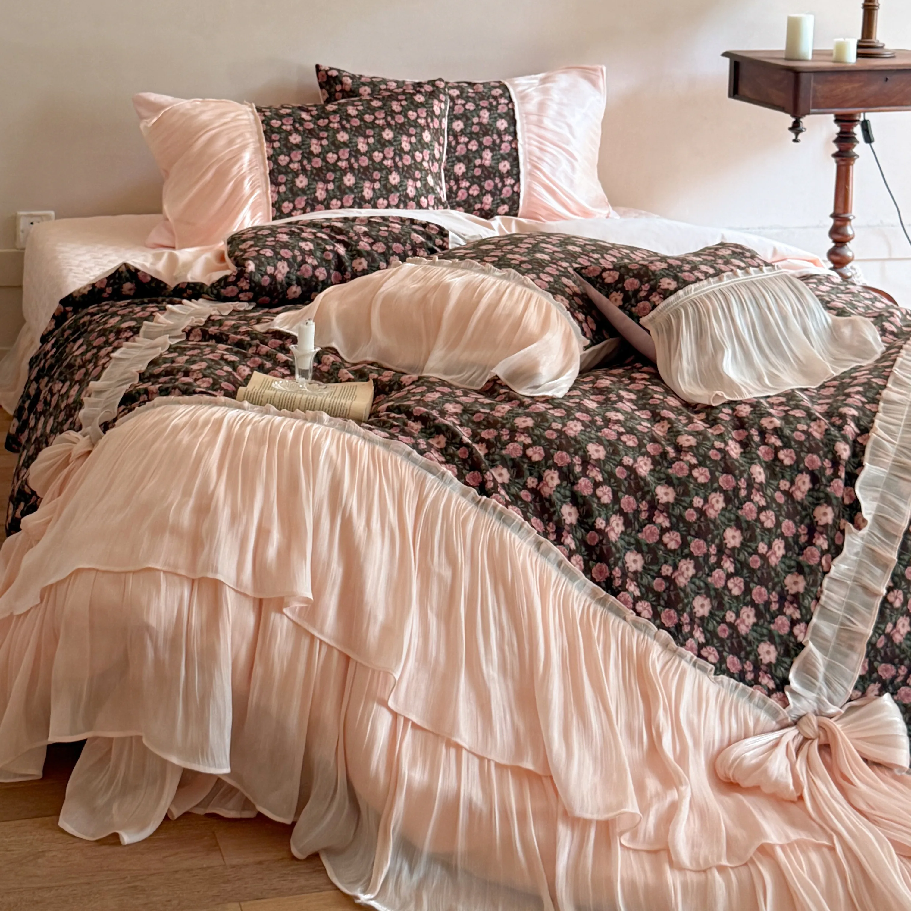 Coquette Country Floral Print Pleated Ruffle Brushed Cotton Duvet Cover Set02