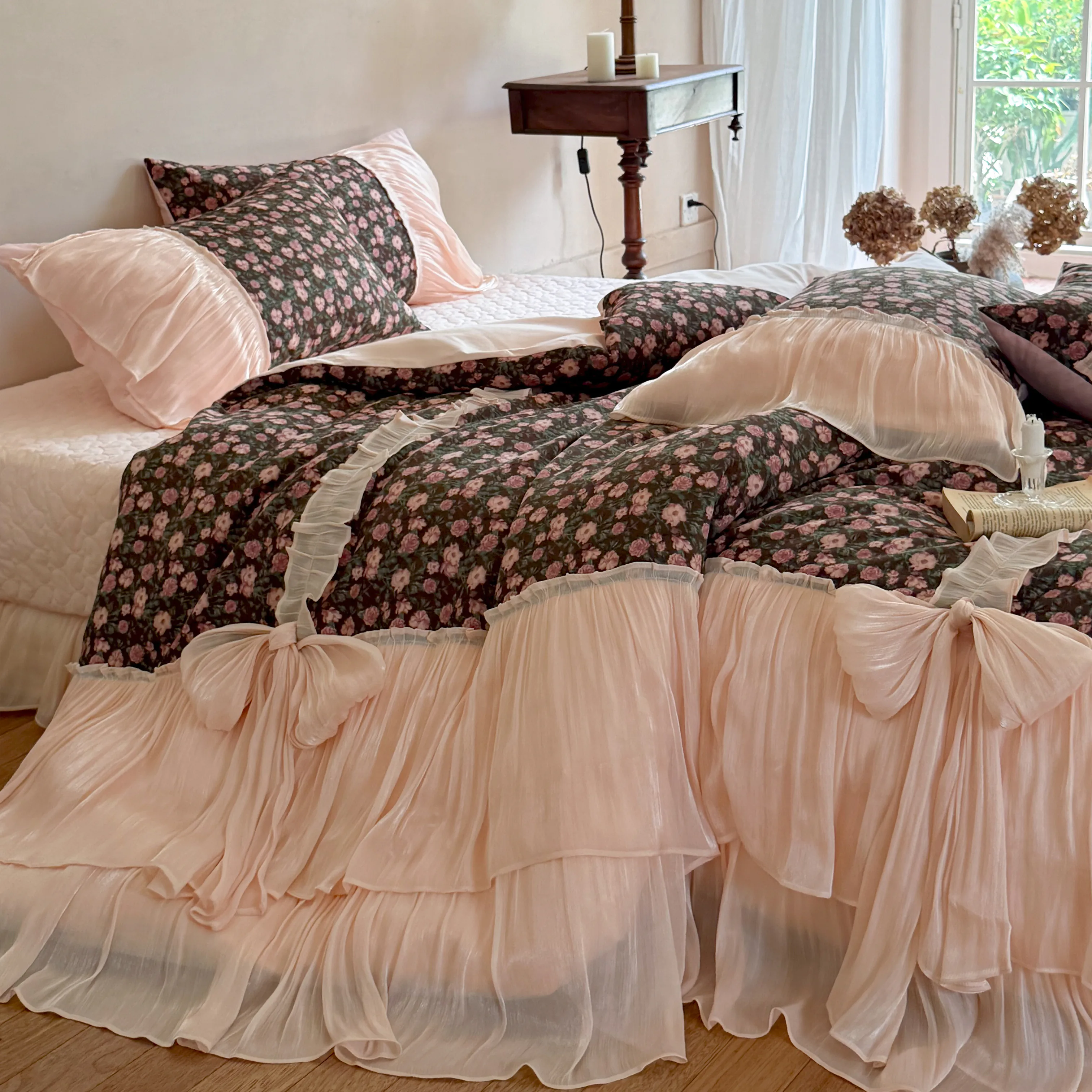 Coquette Country Floral Print Pleated Ruffle Brushed Cotton Duvet Cover Set03 Coquette Country Floral Print Pleated Ruffle Brushed Cotton Duvet Cover Set03
