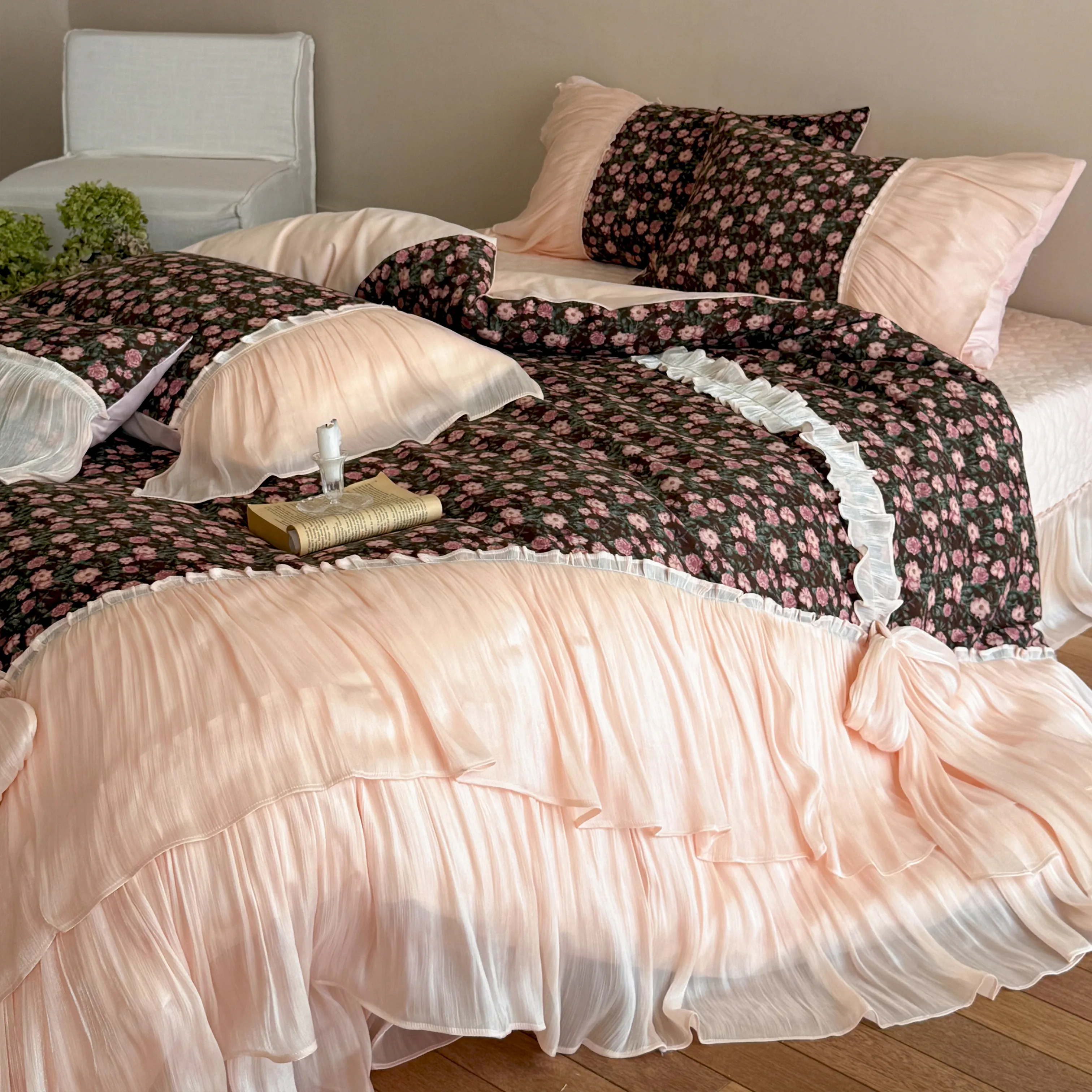 Coquette Country Floral Print Pleated Ruffle Brushed Cotton Duvet Cover Set04 Coquette Country Floral Print Pleated Ruffle Brushed Cotton Duvet Cover Set04