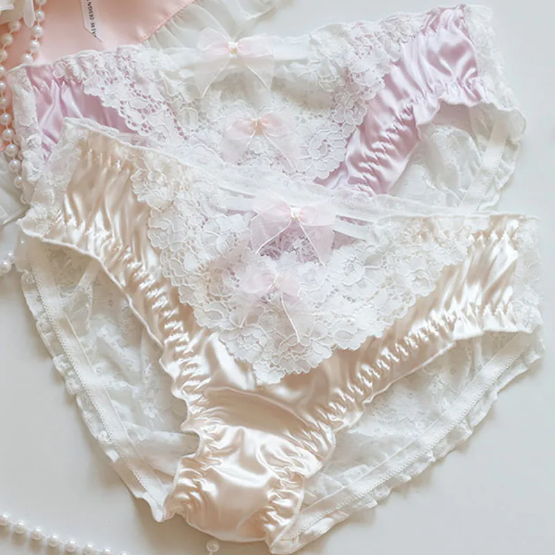 Coquette Scalloped Eyelash Sheer Lace Silky Satin Panties Briefs with Bow01