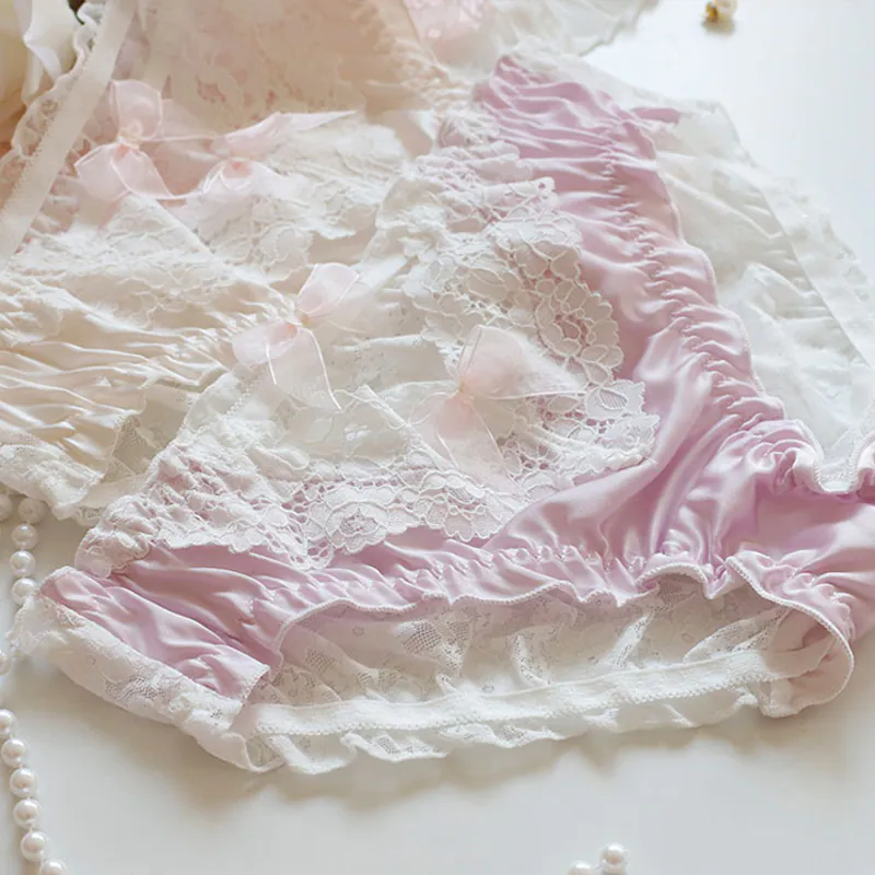 Coquette Scalloped Eyelash Sheer Lace Silky Satin Panties Briefs with Bow02