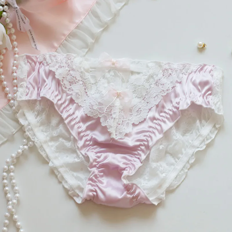 Coquette Scalloped Eyelash Sheer Lace Silky Satin Panties Briefs with Bow03 Coquette Scalloped Eyelash Sheer Lace Silky Satin Panties Briefs with Bow03
