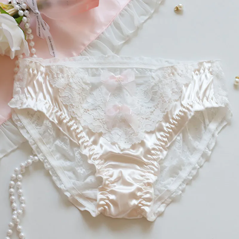 Coquette Scalloped Eyelash Sheer Lace Silky Satin Panties Briefs with Bow04 Coquette Scalloped Eyelash Sheer Lace Silky Satin Panties Briefs with Bow04