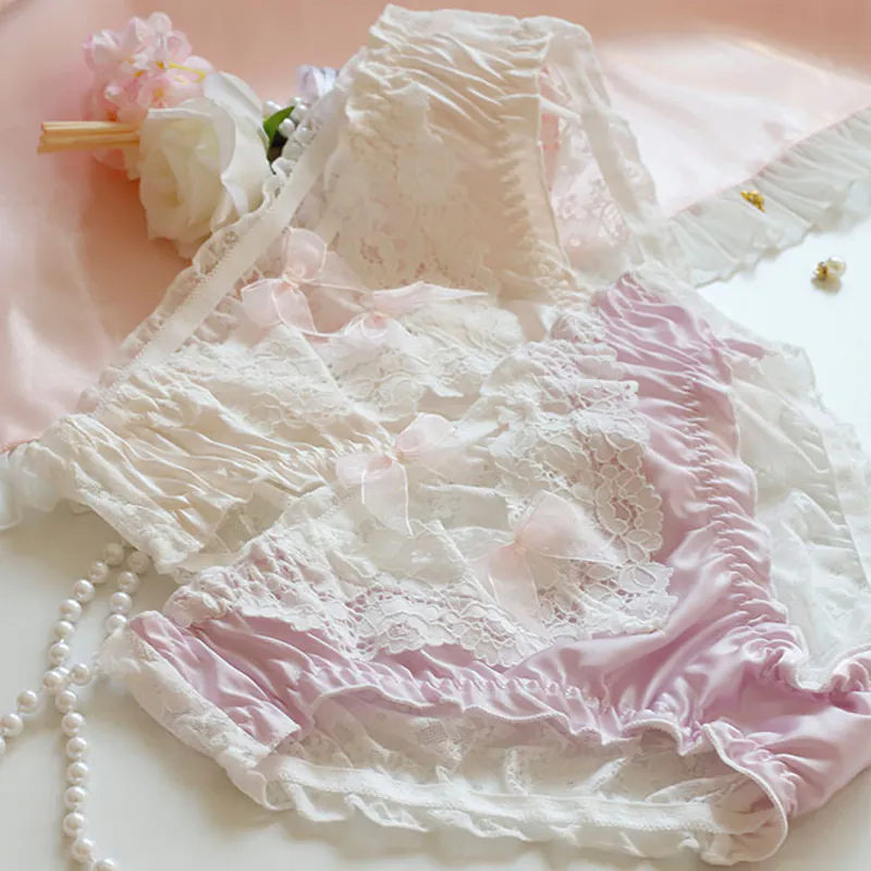 Coquette Scalloped Eyelash Sheer Lace Silky Satin Panties Briefs with Bow05 Coquette Scalloped Eyelash Sheer Lace Silky Satin Panties Briefs with Bow05