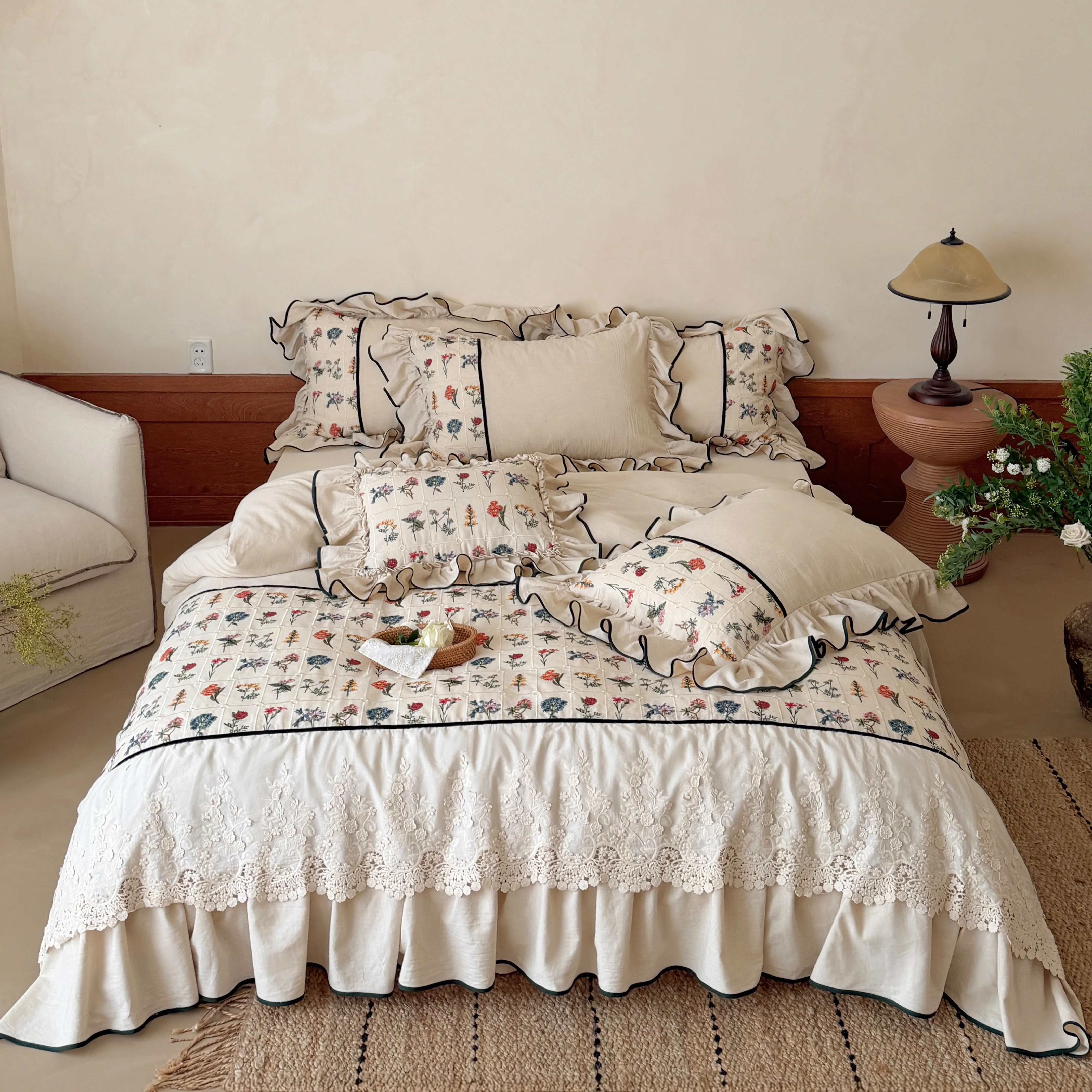 Cottagecore Botanical Floral Embroidery Cotton Linen 4 Piece Bedding Set01