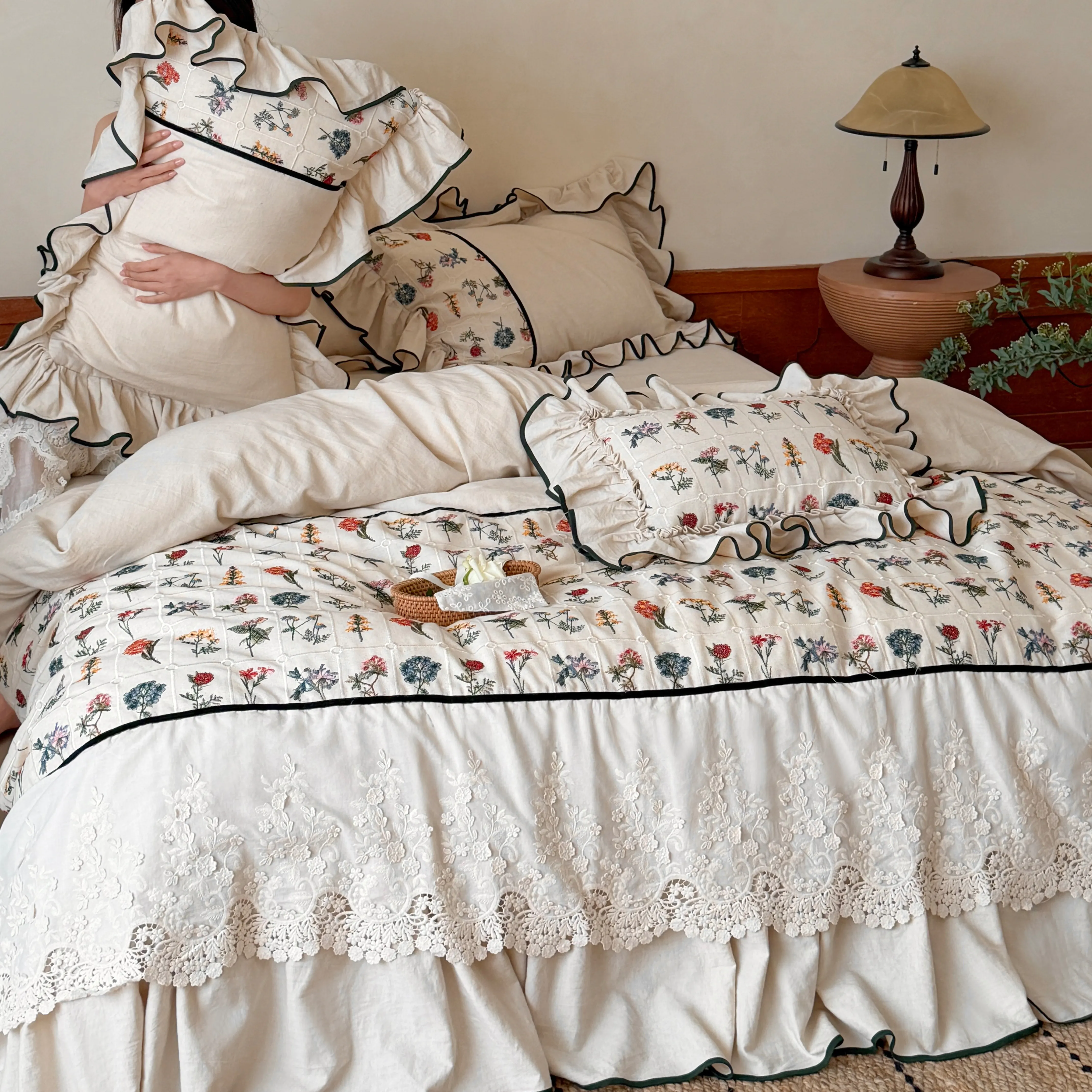 Cottagecore Botanical Floral Embroidery Cotton Linen 4 Piece Bedding Set02
