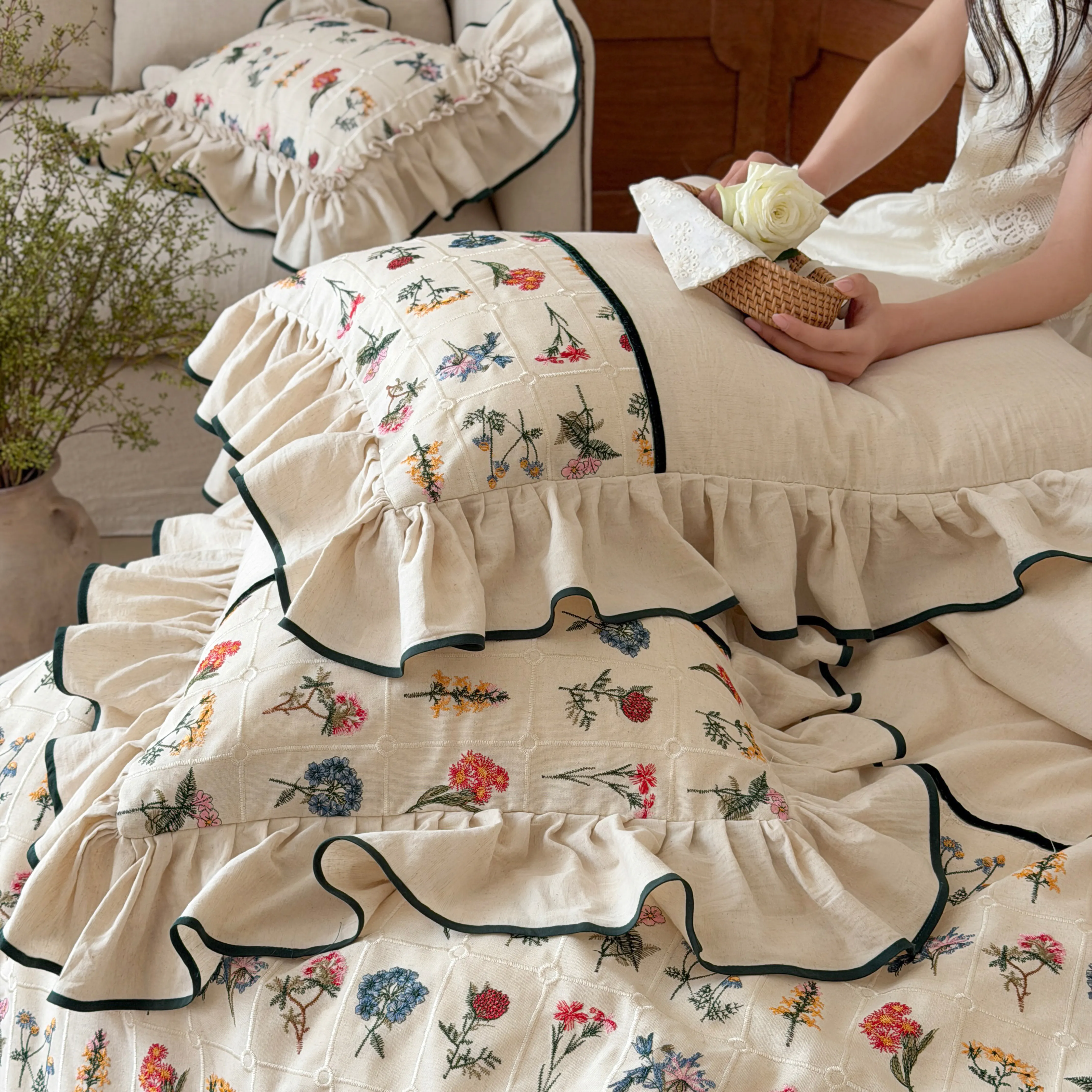 Cottagecore Botanical Floral Embroidery Cotton Linen 4-Piece Bedding Set06 Cottagecore Botanical Floral Embroidery Cotton Linen 4 Piece Bedding Set06