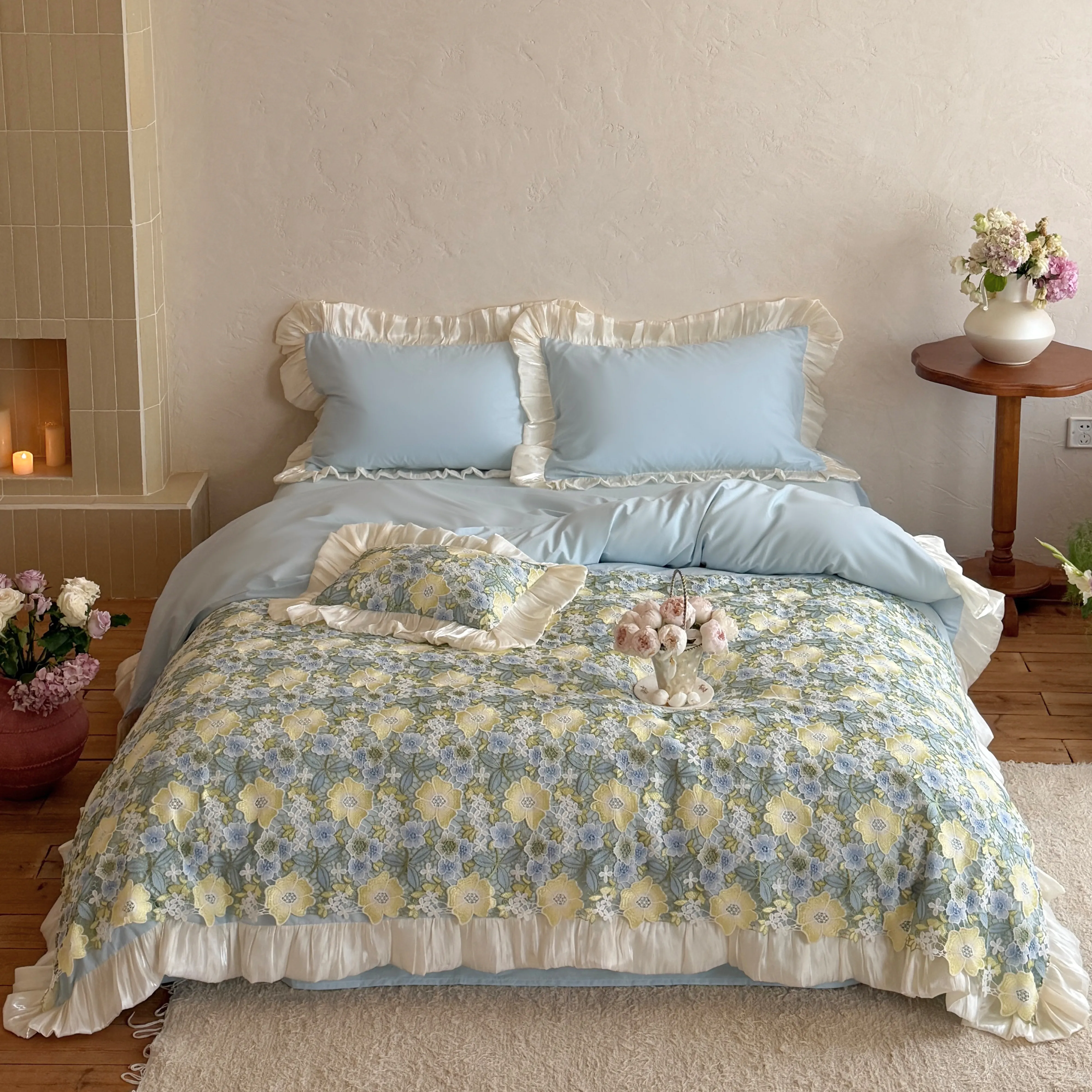 Cottagecore Floral 40s Washed Cotton All Seasons Duvet Cover 4 Pcs Set01