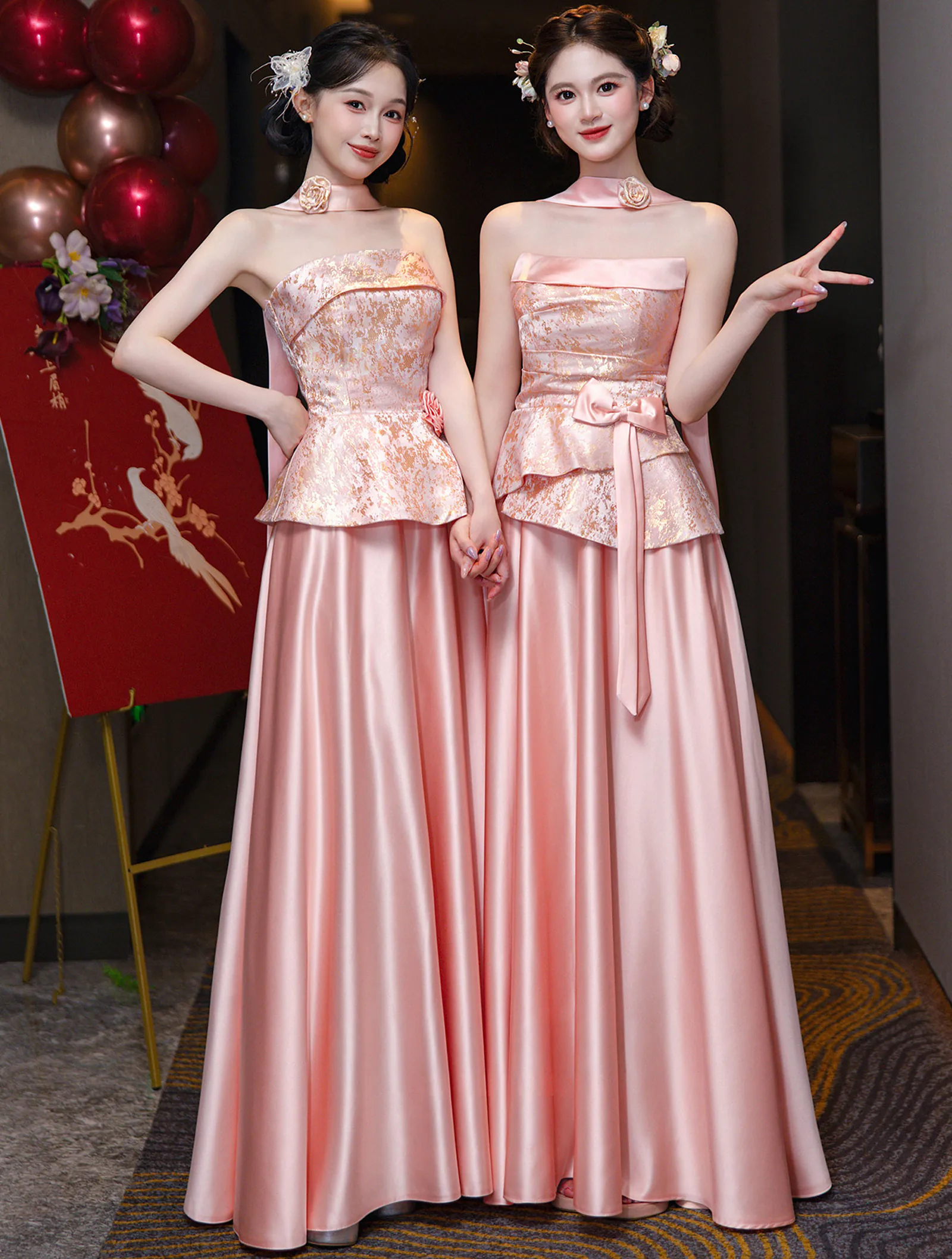 Elegant Floral Brocade Jacquard Satin Skirt Wedding Party Bridesmaid Dress01