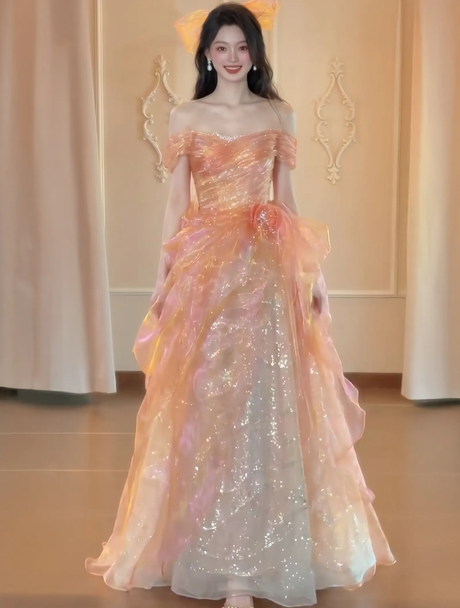 Ethereal Off the Shoulder Layered Glitter Organza Princess Evening Party Gown01