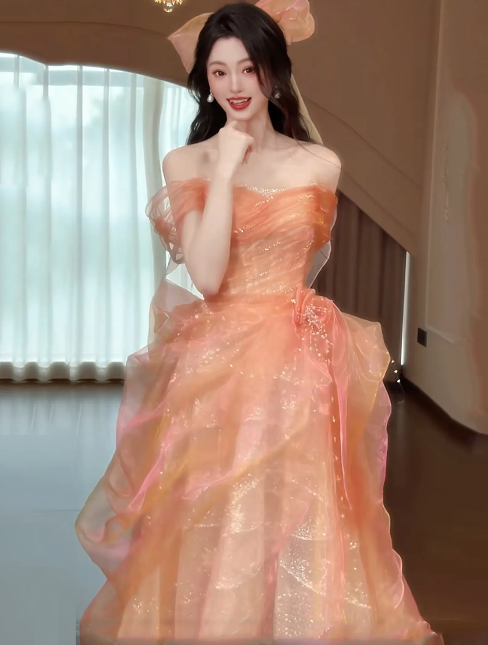 Ethereal Off the Shoulder Layered Glitter Organza Princess Evening Party Gown02