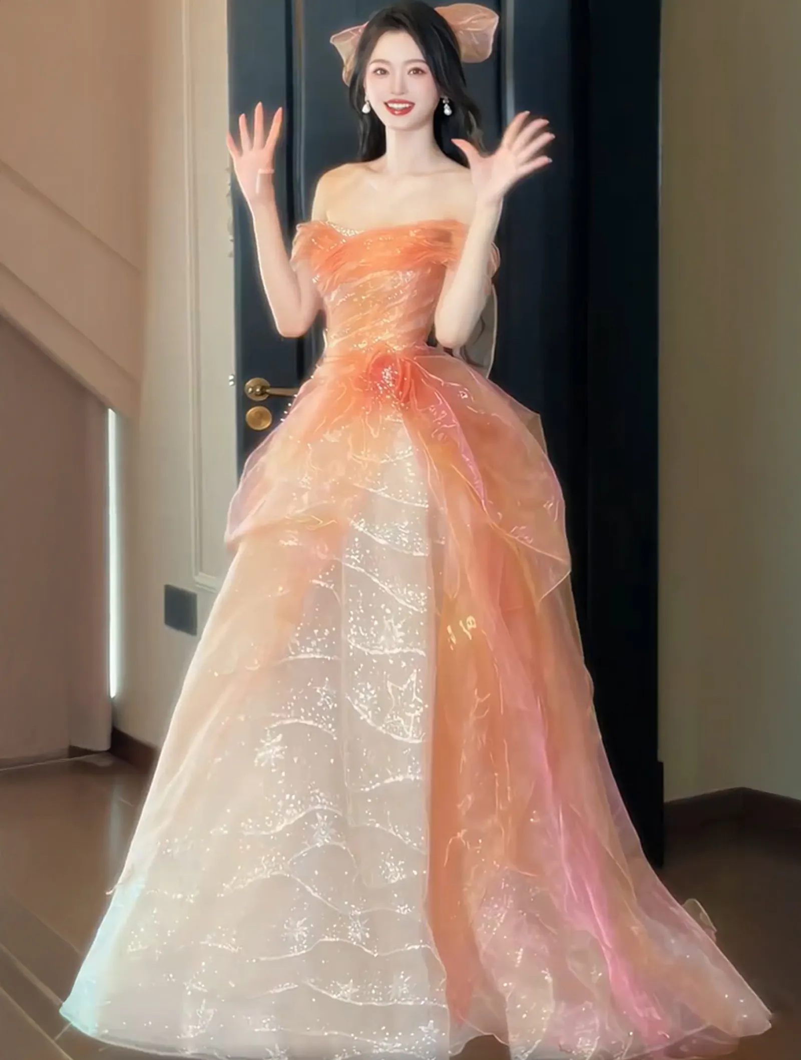 Ethereal Off-the-Shoulder Layered Glitter Organza Princess Evening Party Gown03 Ethereal Off the Shoulder Layered Glitter Organza Princess Evening Party Gown03
