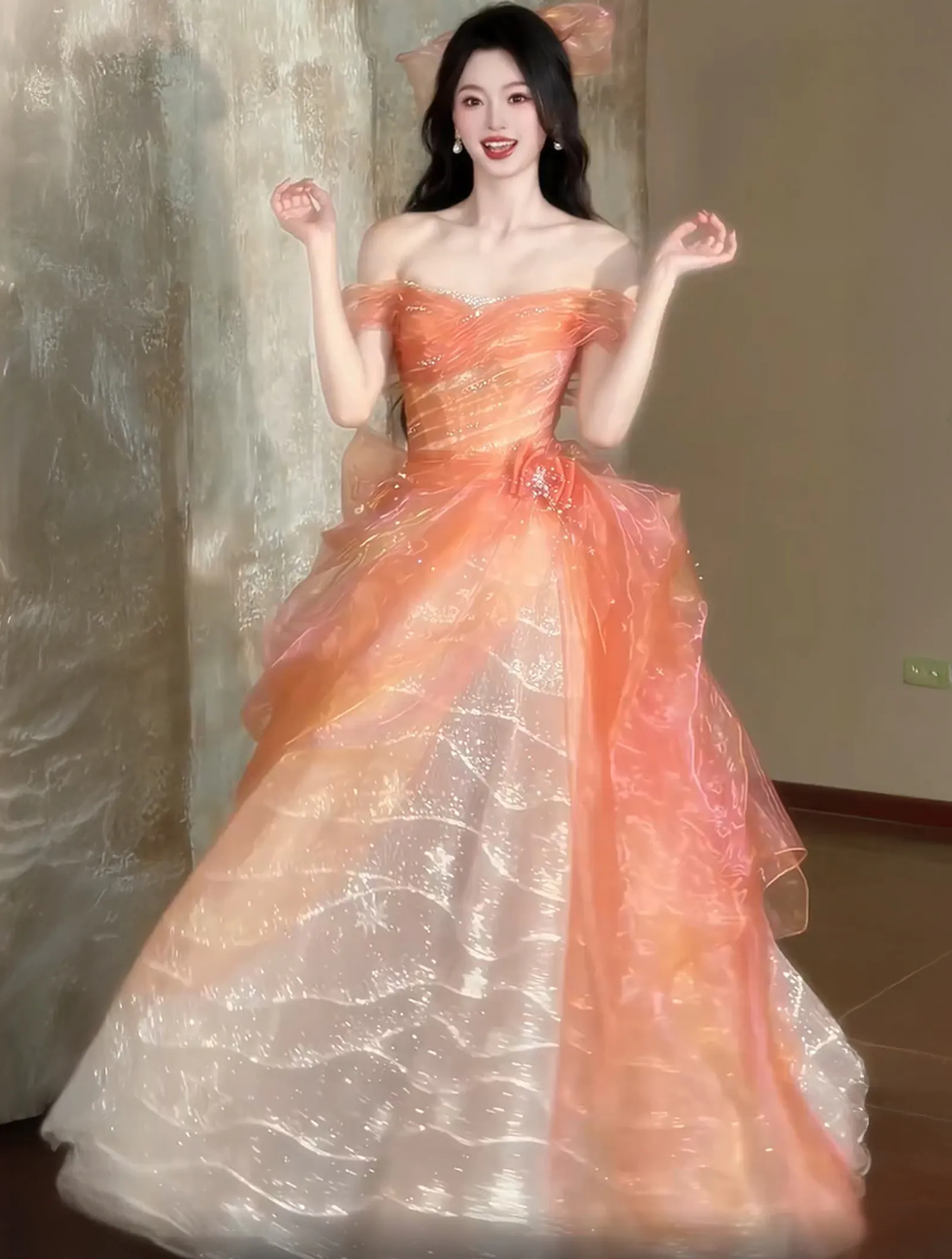 Ethereal Off-the-Shoulder Layered Glitter Organza Princess Evening Party Gown05 Ethereal Off the Shoulder Layered Glitter Organza Princess Evening Party Gown05