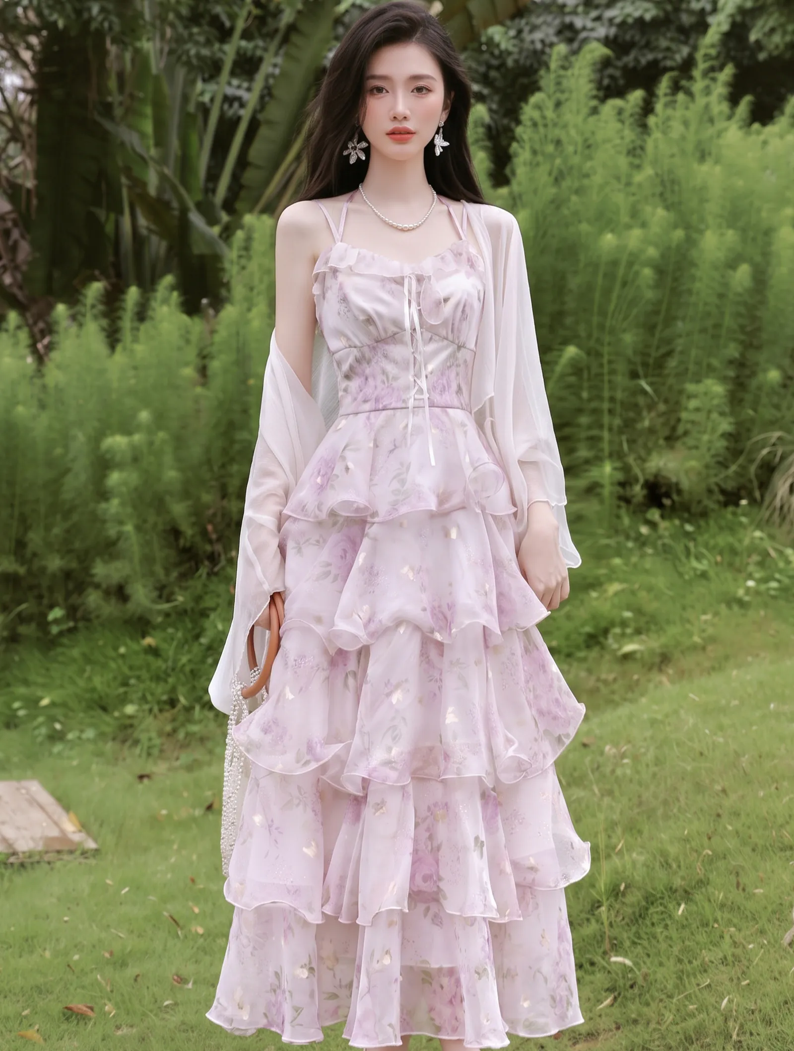 Ethereal Pastel Purple Blossom Tiered Ruffle Skirt Dress Sheer Cardigan Set01