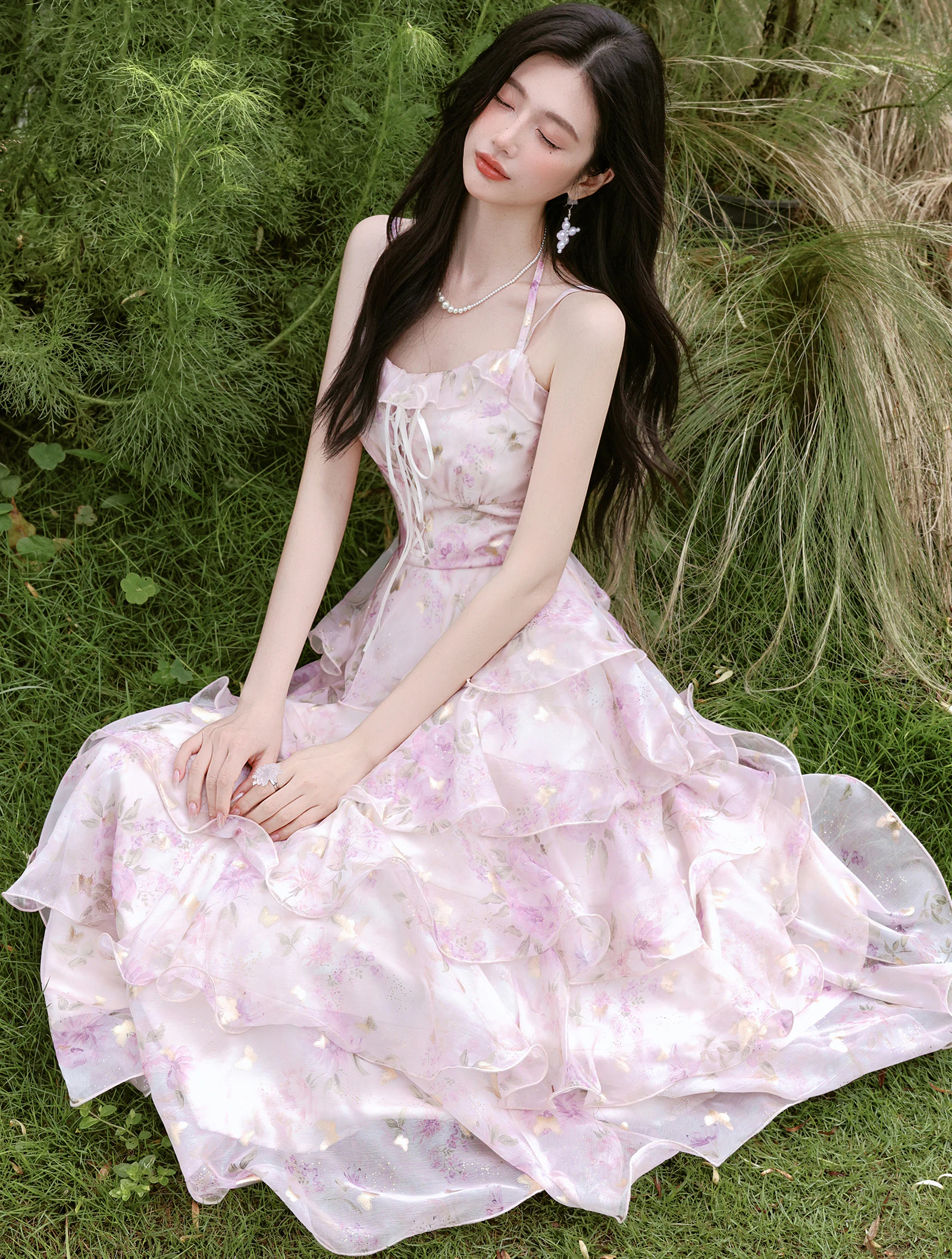Ethereal Pastel Purple Blossom Tiered Ruffle Skirt Dress Sheer Cardigan Set02