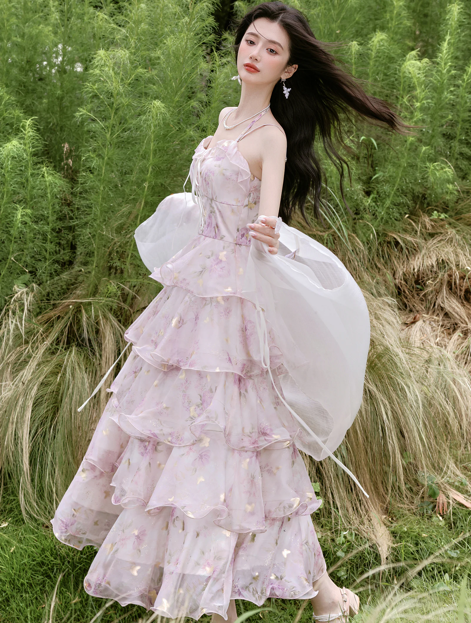 Ethereal Pastel Purple Blossom Tiered Ruffle Skirt Dress Sheer Cardigan Set03 Ethereal Pastel Purple Blossom Tiered Ruffle Skirt Dress Sheer Cardigan Set03