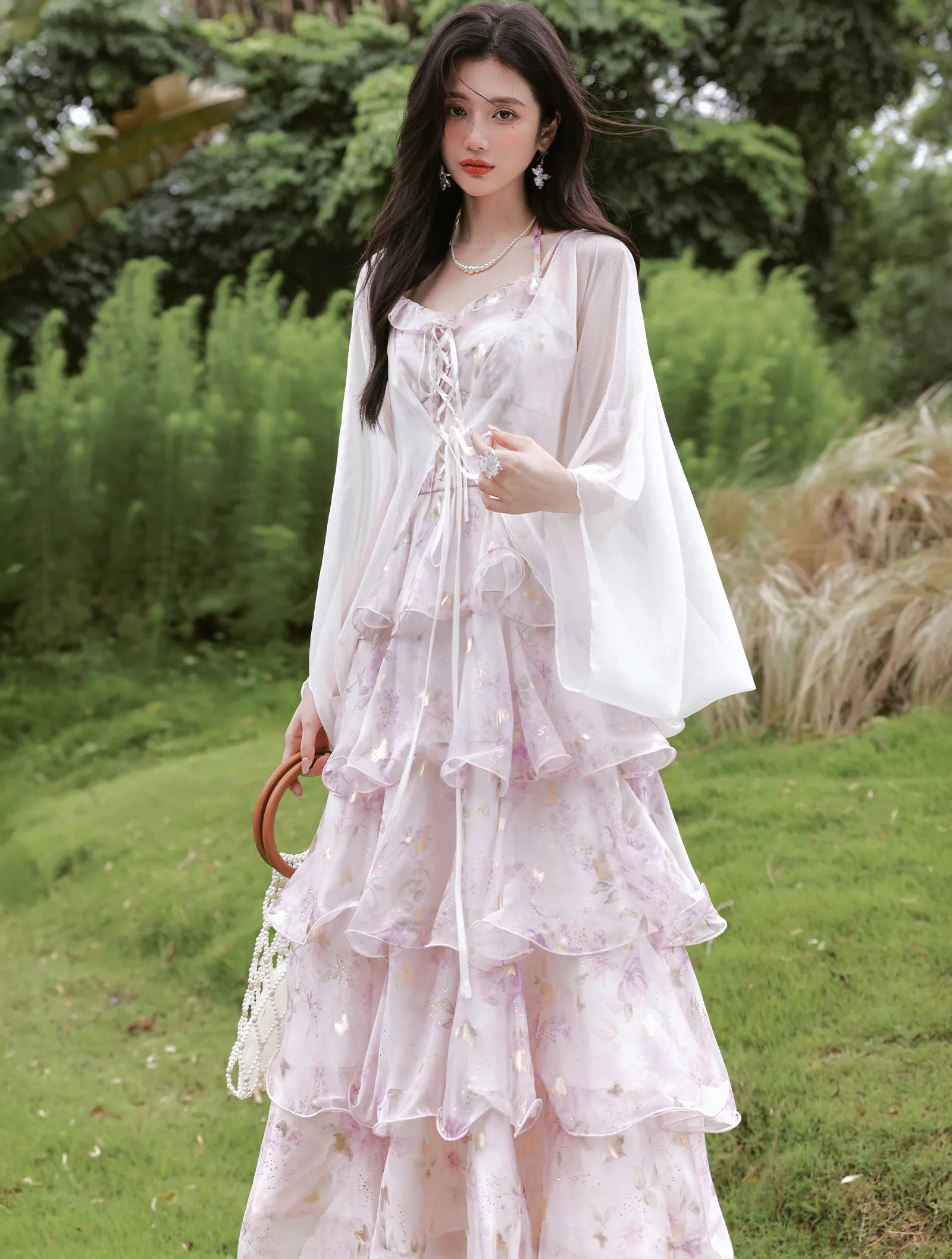 Ethereal Pastel Purple Blossom Tiered Ruffle Skirt Dress Sheer Cardigan Set04 Ethereal Pastel Purple Blossom Tiered Ruffle Skirt Dress Sheer Cardigan Set04