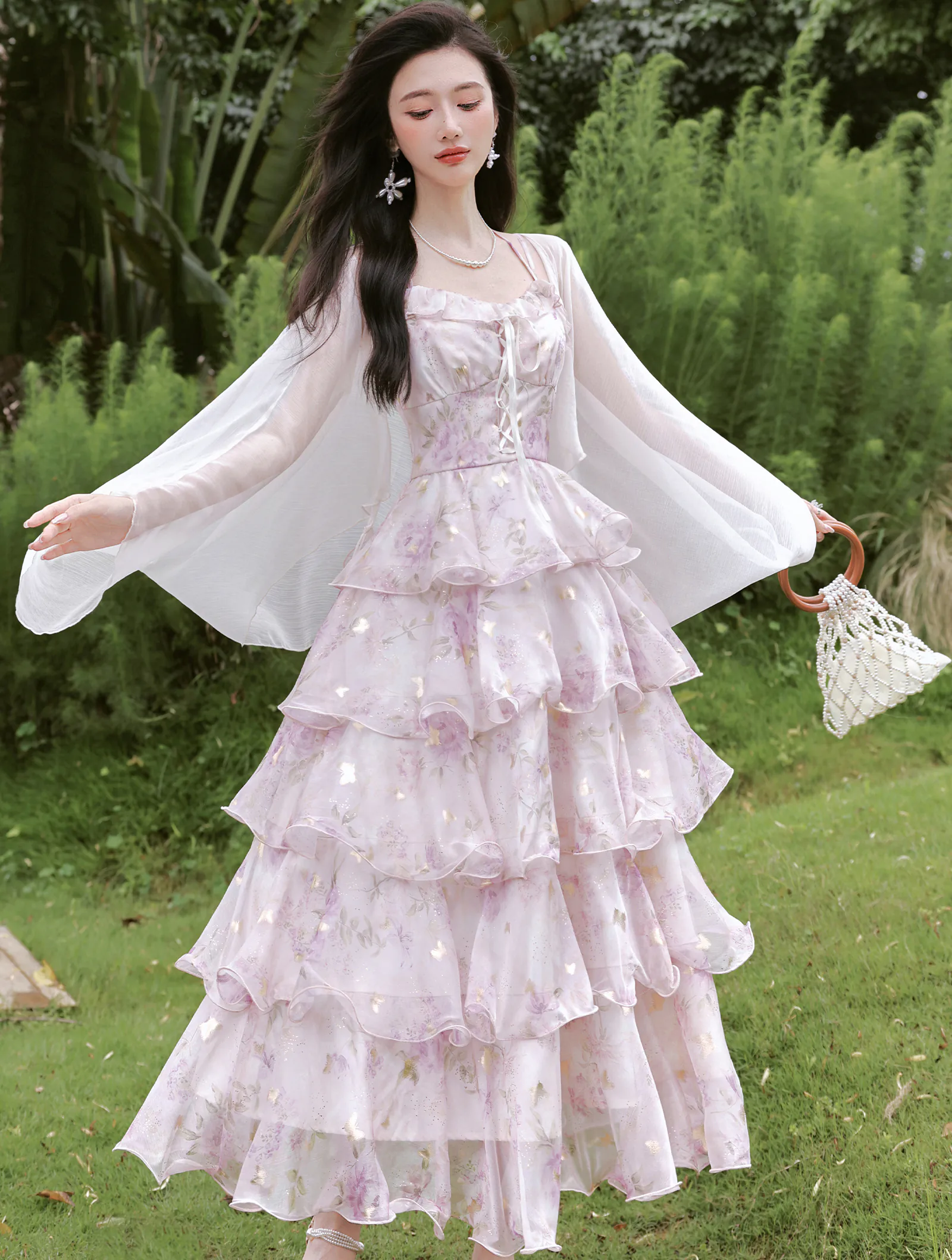 Ethereal Pastel Purple Blossom Tiered Ruffle Skirt Dress Sheer Cardigan Set05 Ethereal Pastel Purple Blossom Tiered Ruffle Skirt Dress Sheer Cardigan Set05