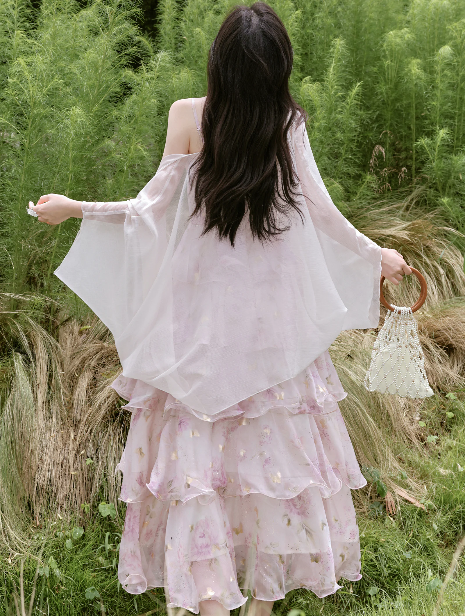 Ethereal Pastel Purple Blossom Tiered Ruffle Skirt Dress Sheer Cardigan Set06 Ethereal Pastel Purple Blossom Tiered Ruffle Skirt Dress Sheer Cardigan Set06