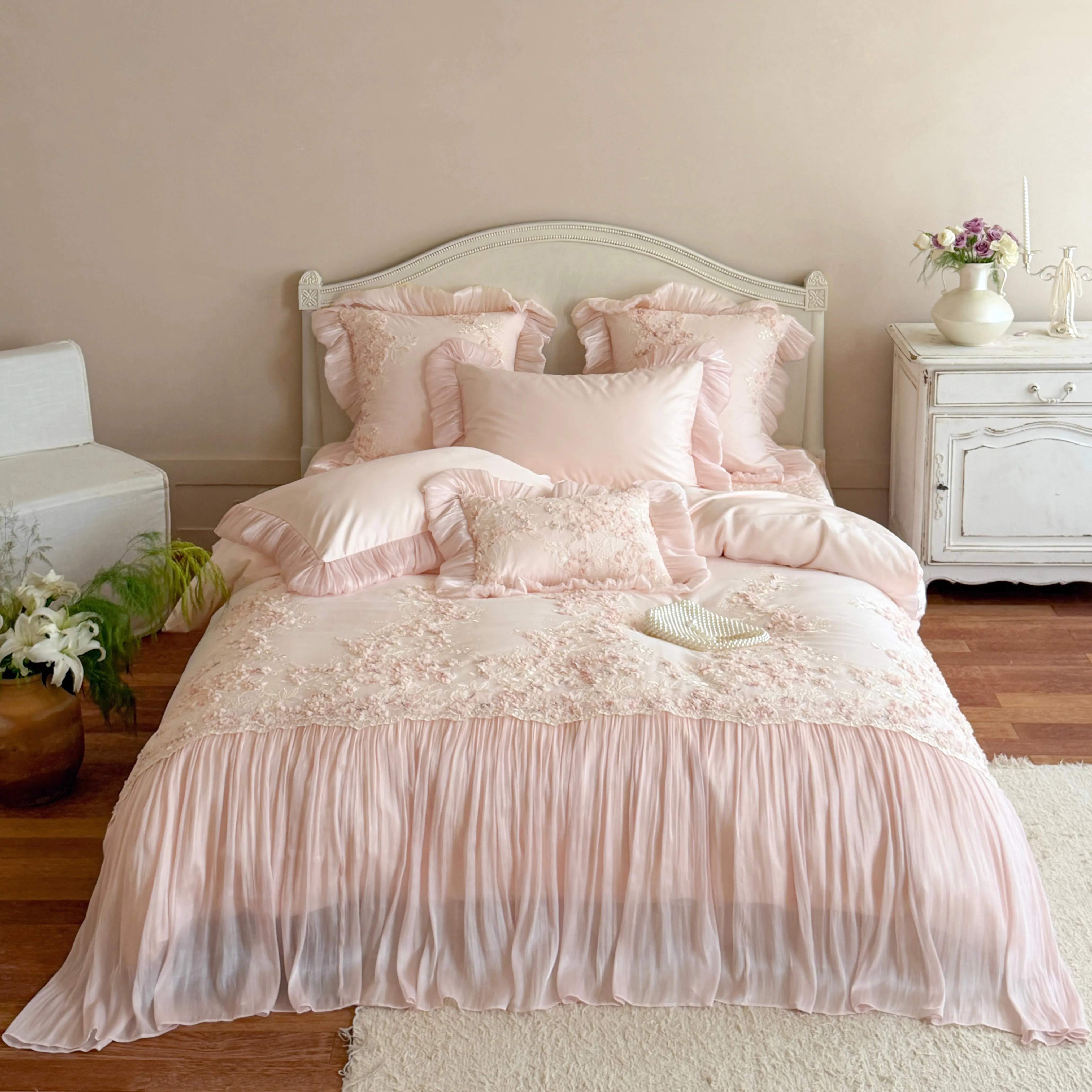 Fairycore 100S Cotton 3D Floral Pleated Skirt Bedspread Duvet Cover Set01
