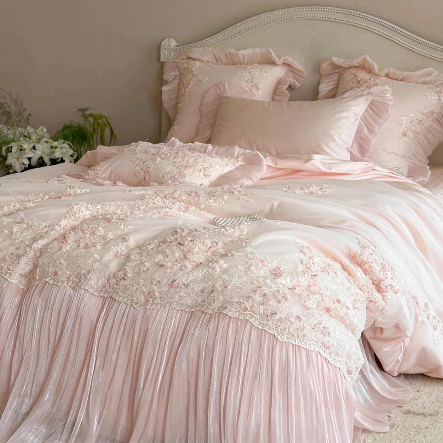 Fairycore 100S Cotton 3D Floral Pleated Skirt Bedspread Duvet Cover Set02